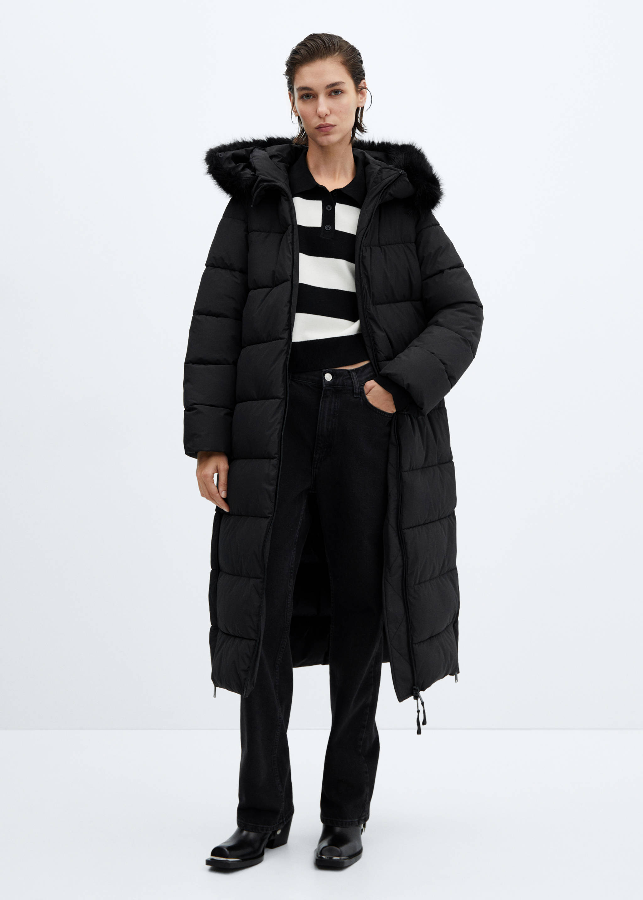 Puffer coat with fur-effect hood - General plane