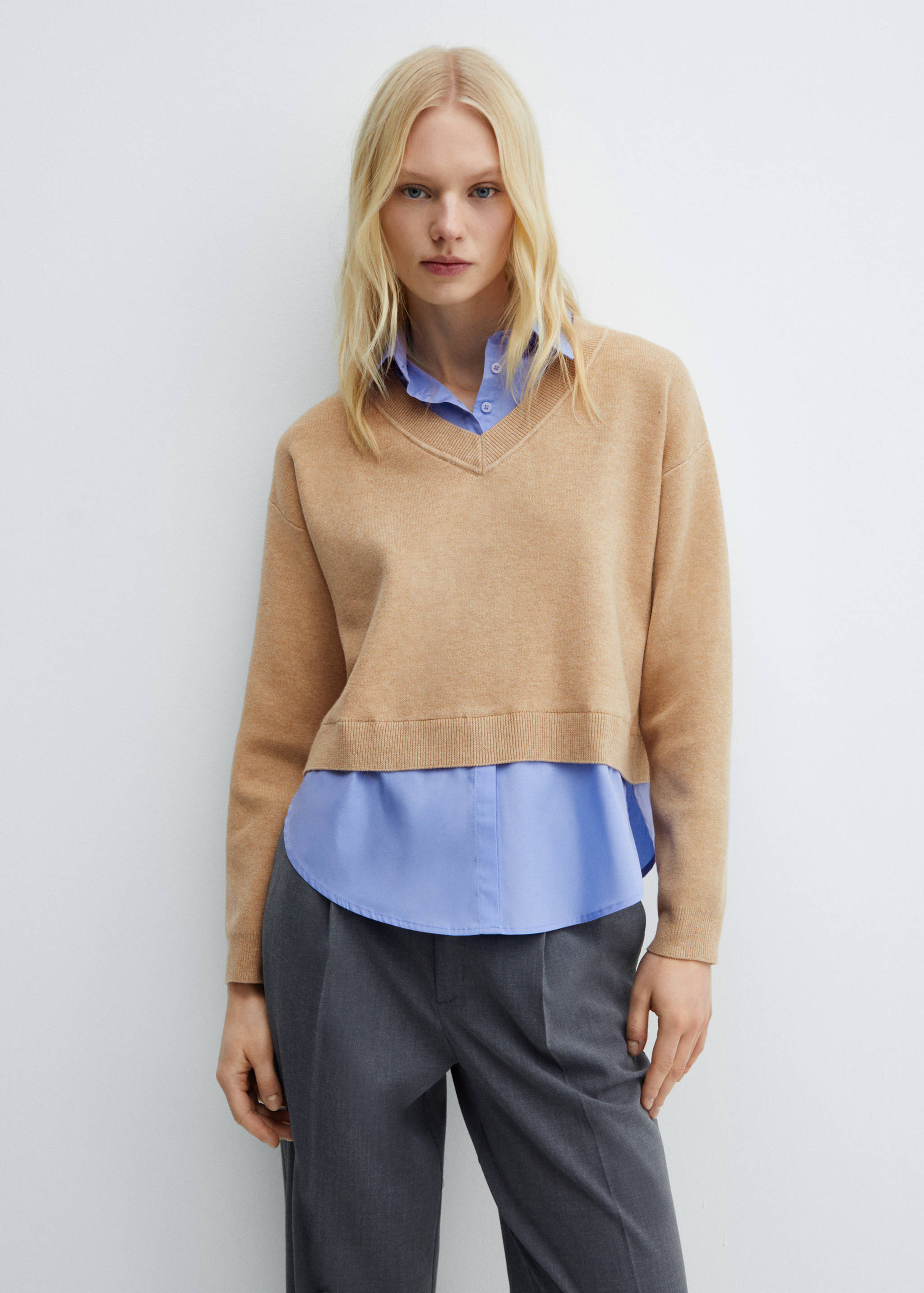 拼接衬衫风毛衣 - null