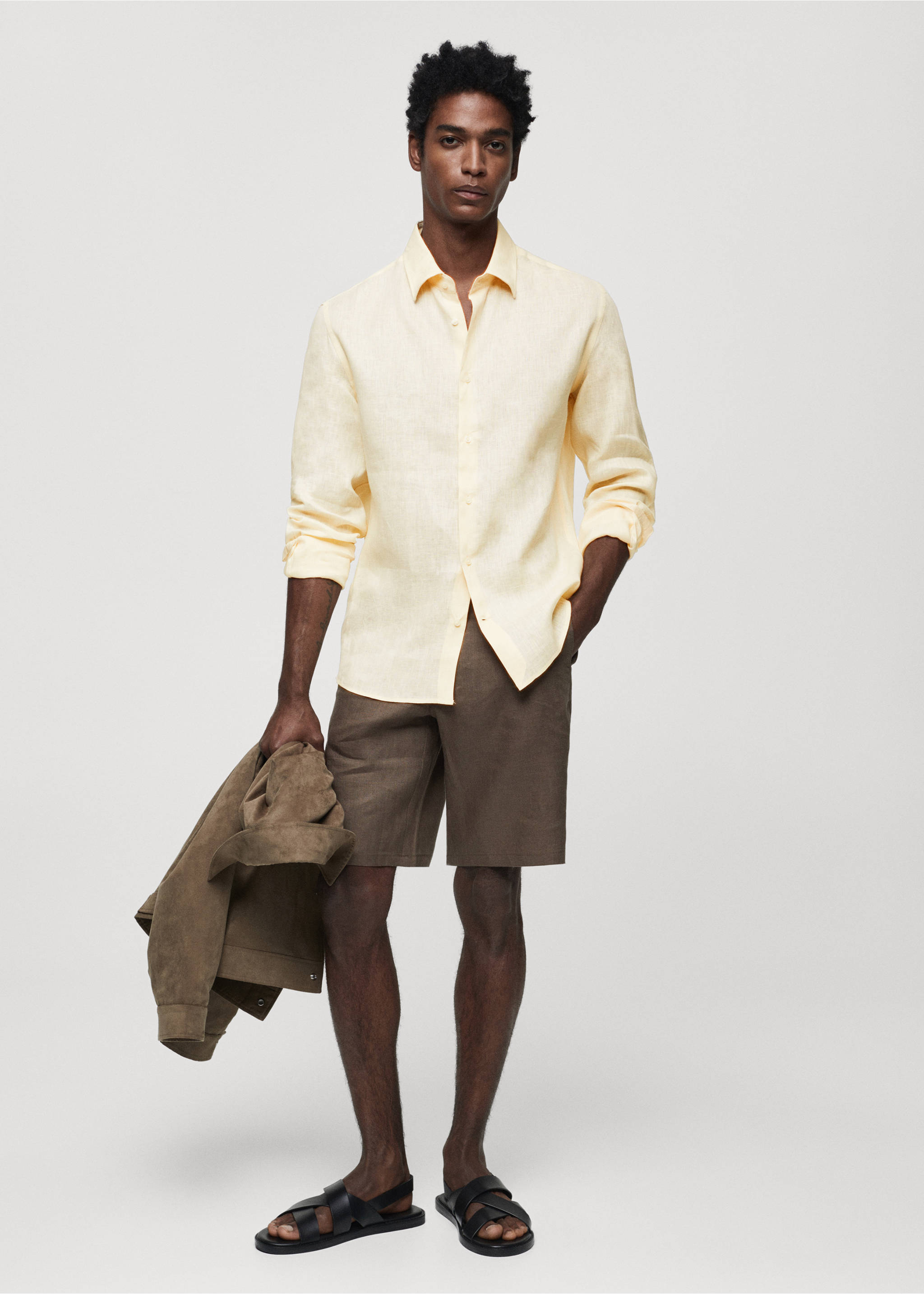 Regular-fit 100% linen shirt - General plane, Yellow. Ref: 67096311-00.
