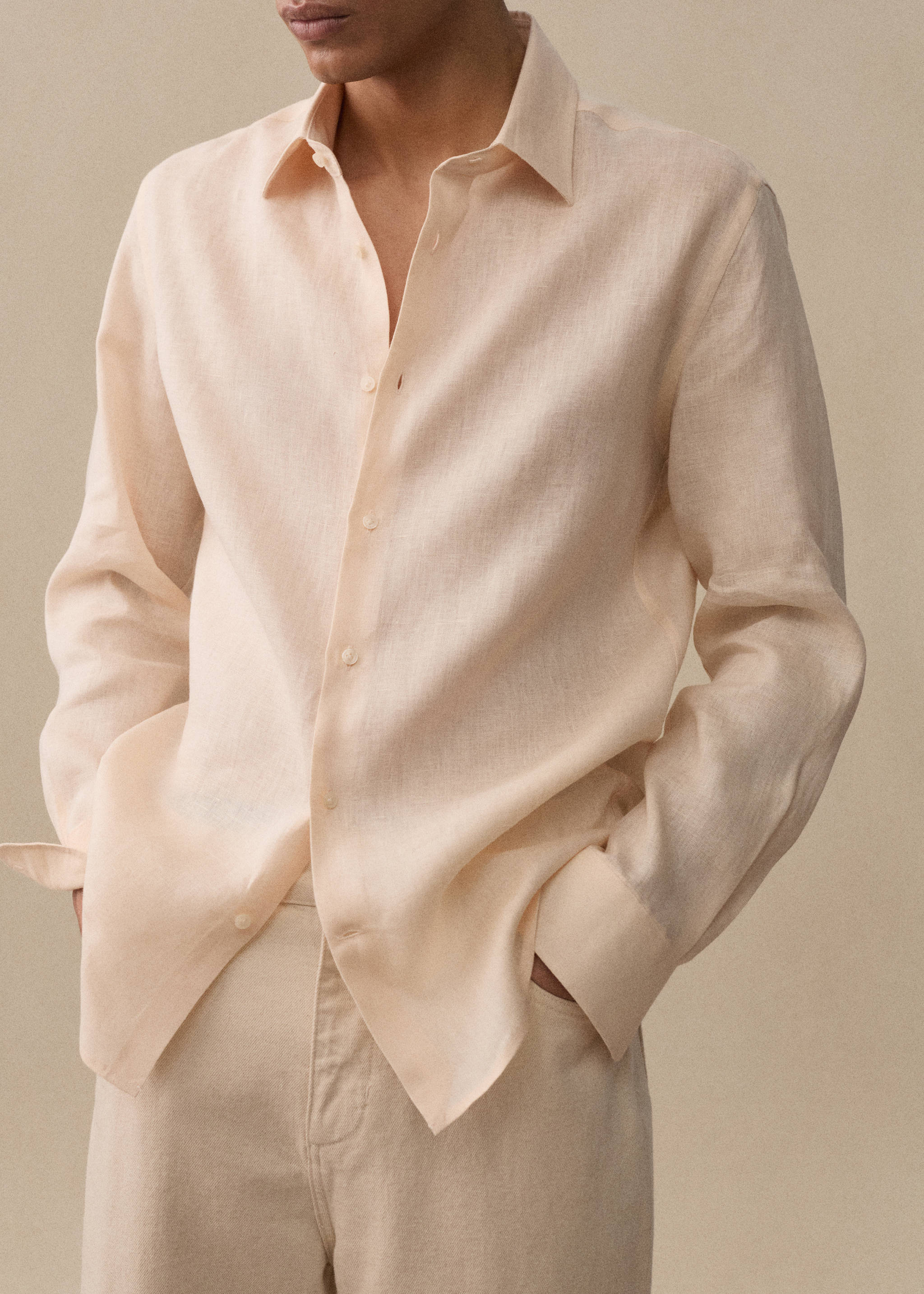 Regular-fit 100% linen shirt - Details of the article 5, Salmon. Ref: 67096311-00.
