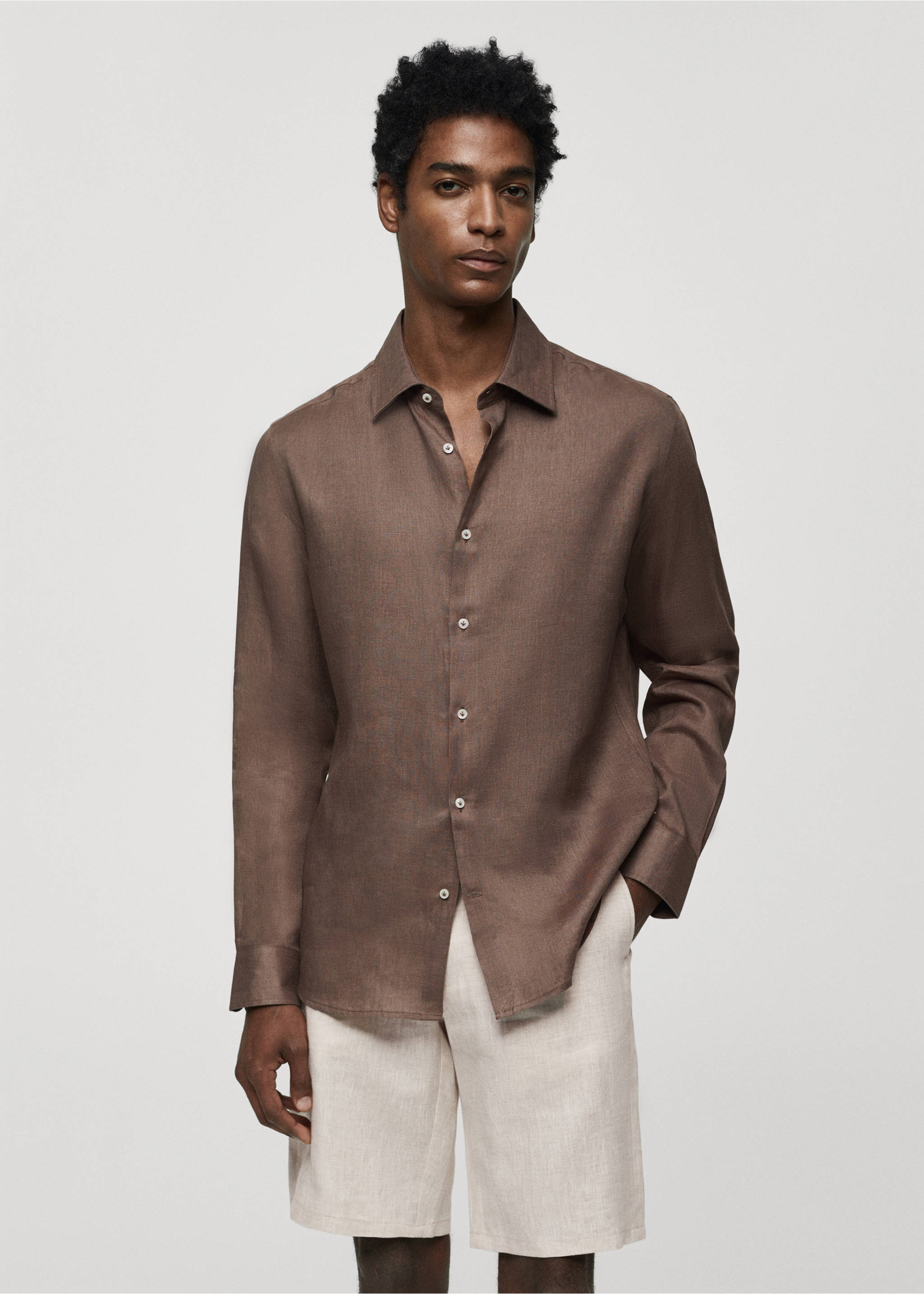 Regular-fit 100% linen shirt - Medium plane, Brown. Ref: 67096311-00.
