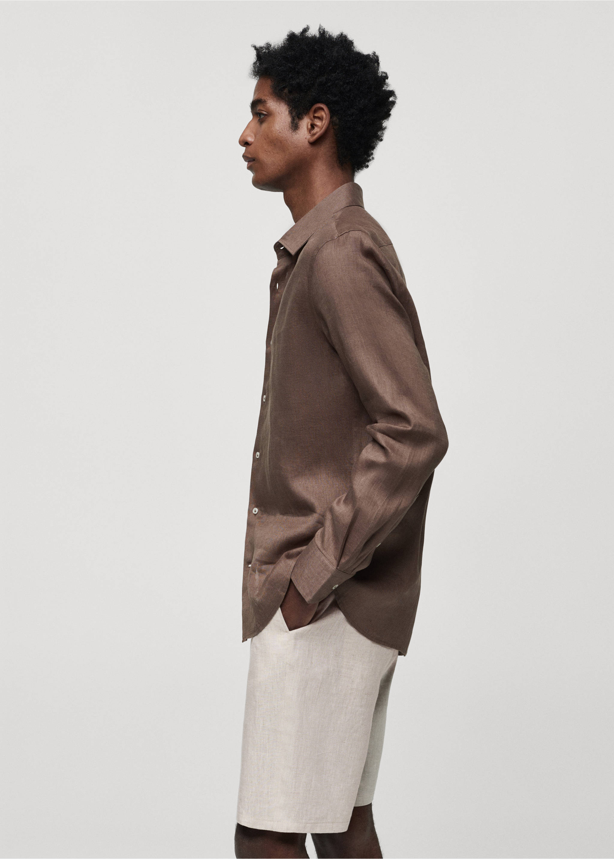 Regular-fit 100% linen shirt - Details of the article 2, Brown. Ref: 67096311-00.