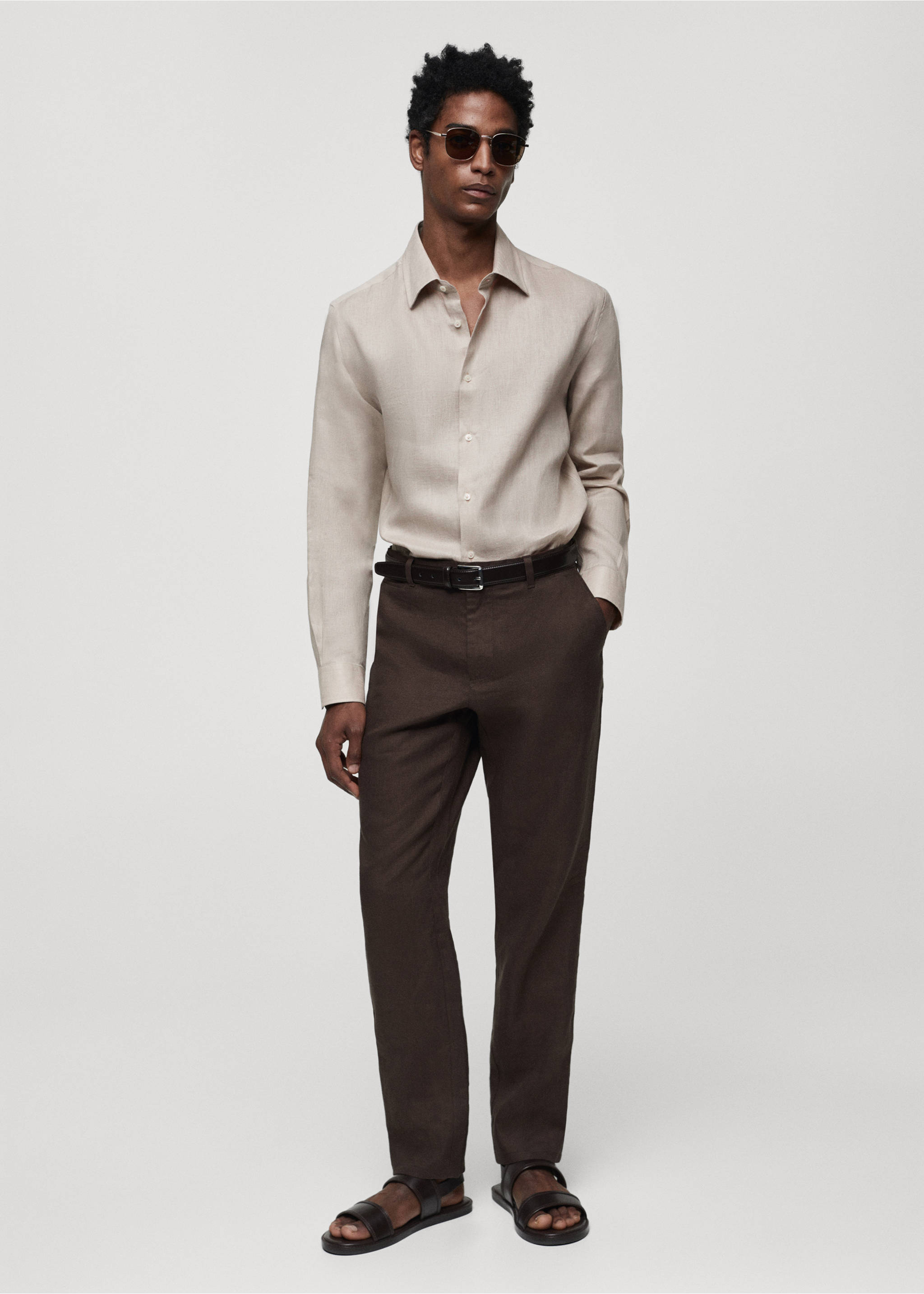 Regular-fit 100% linen shirt - General plane, Medium Brown. Ref: 67096311-00.