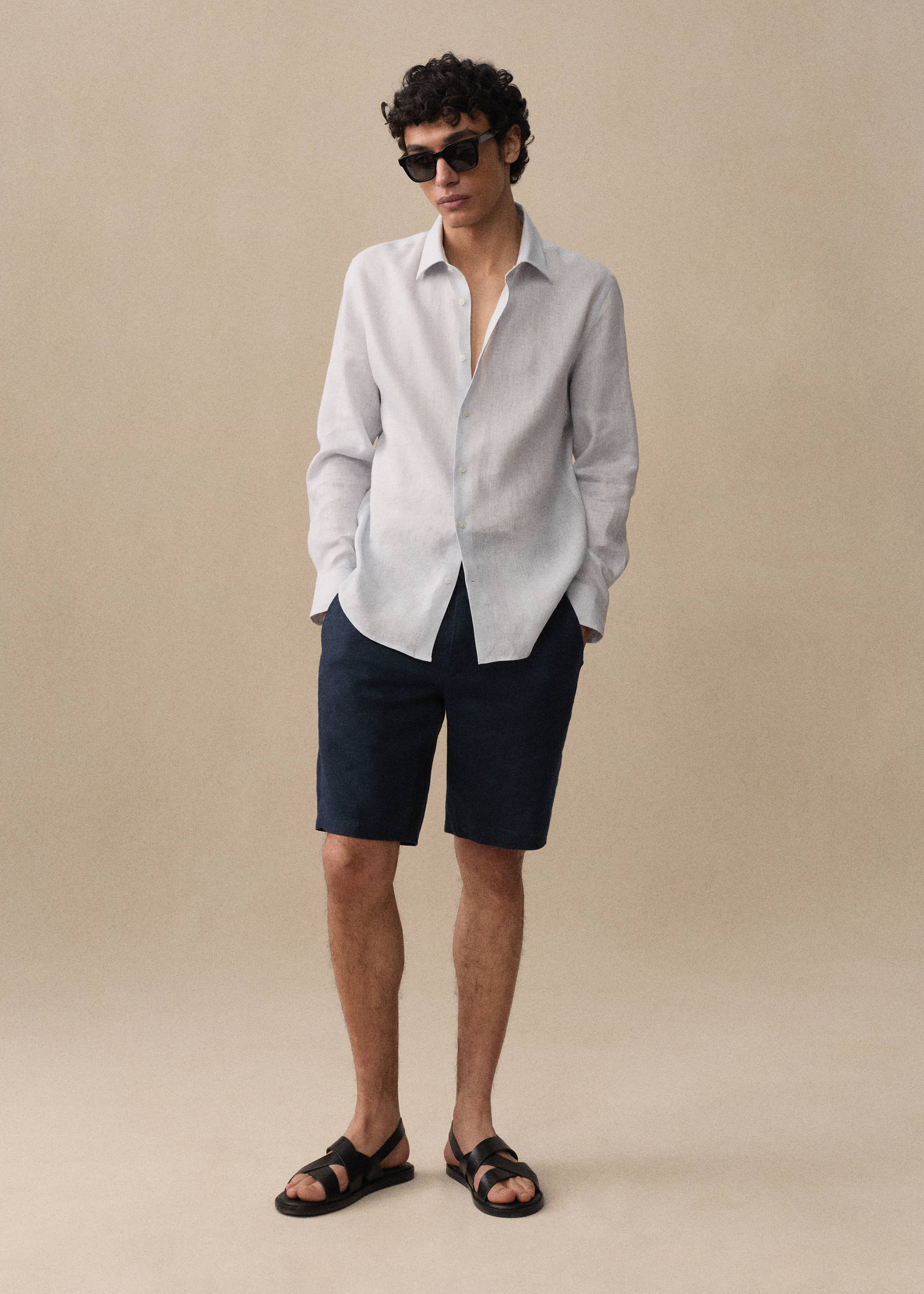 Regular-fit 100% linen shirt - Details of the article 5, Sky Blue. Ref: 67096311-00.