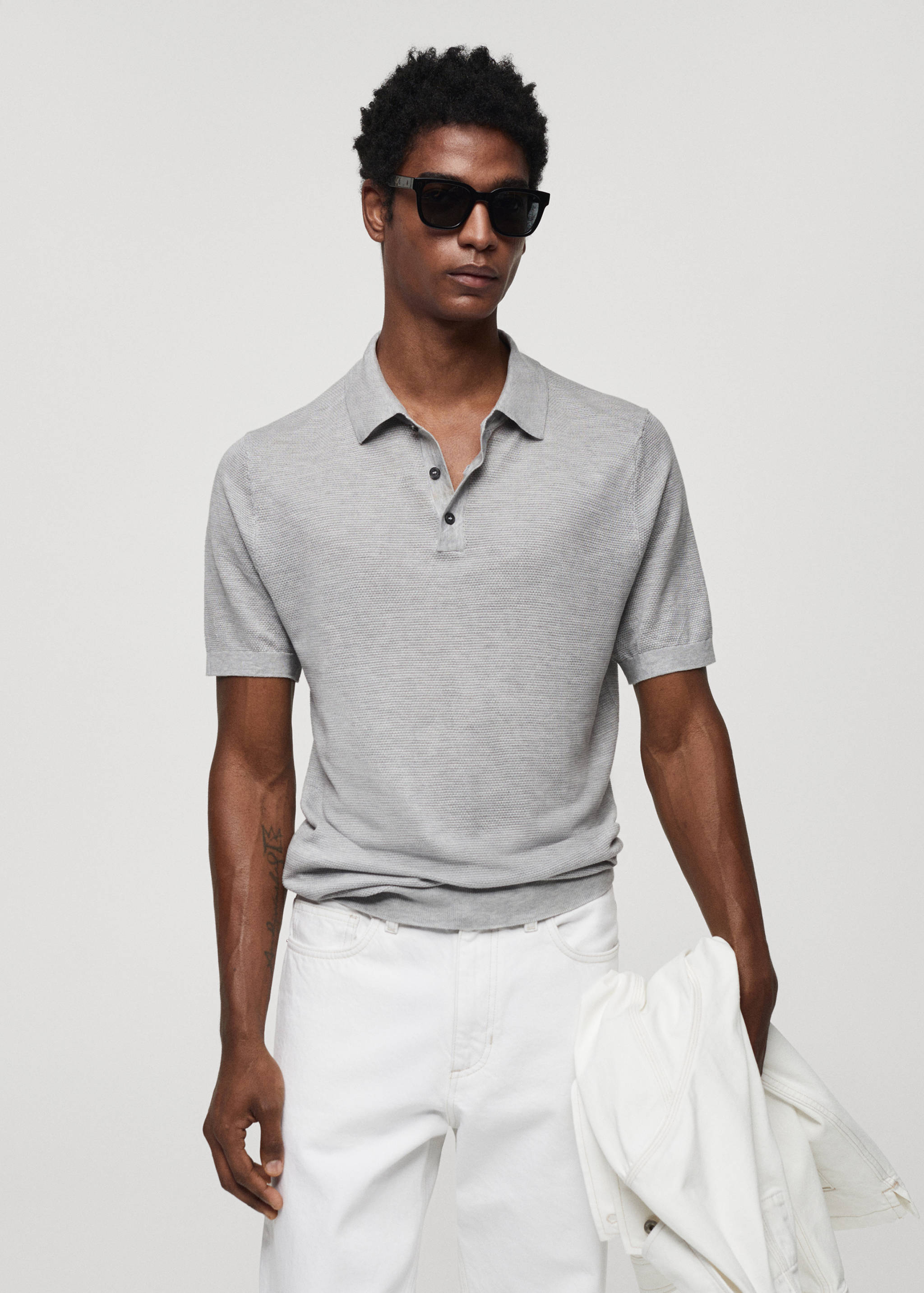Buttoned micro-structure knitted polo shirt - Medium plane
