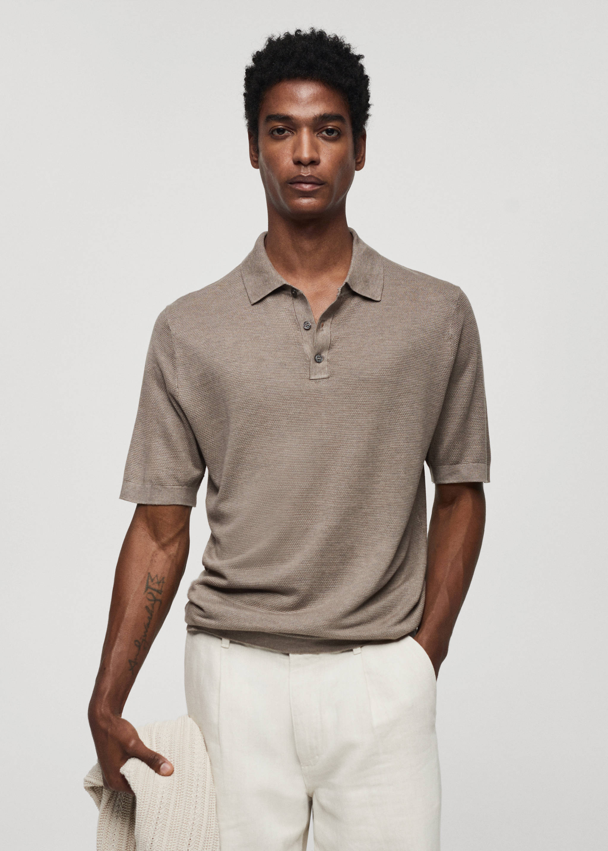 Buttoned micro-structure knitted polo shirt - Medium plane