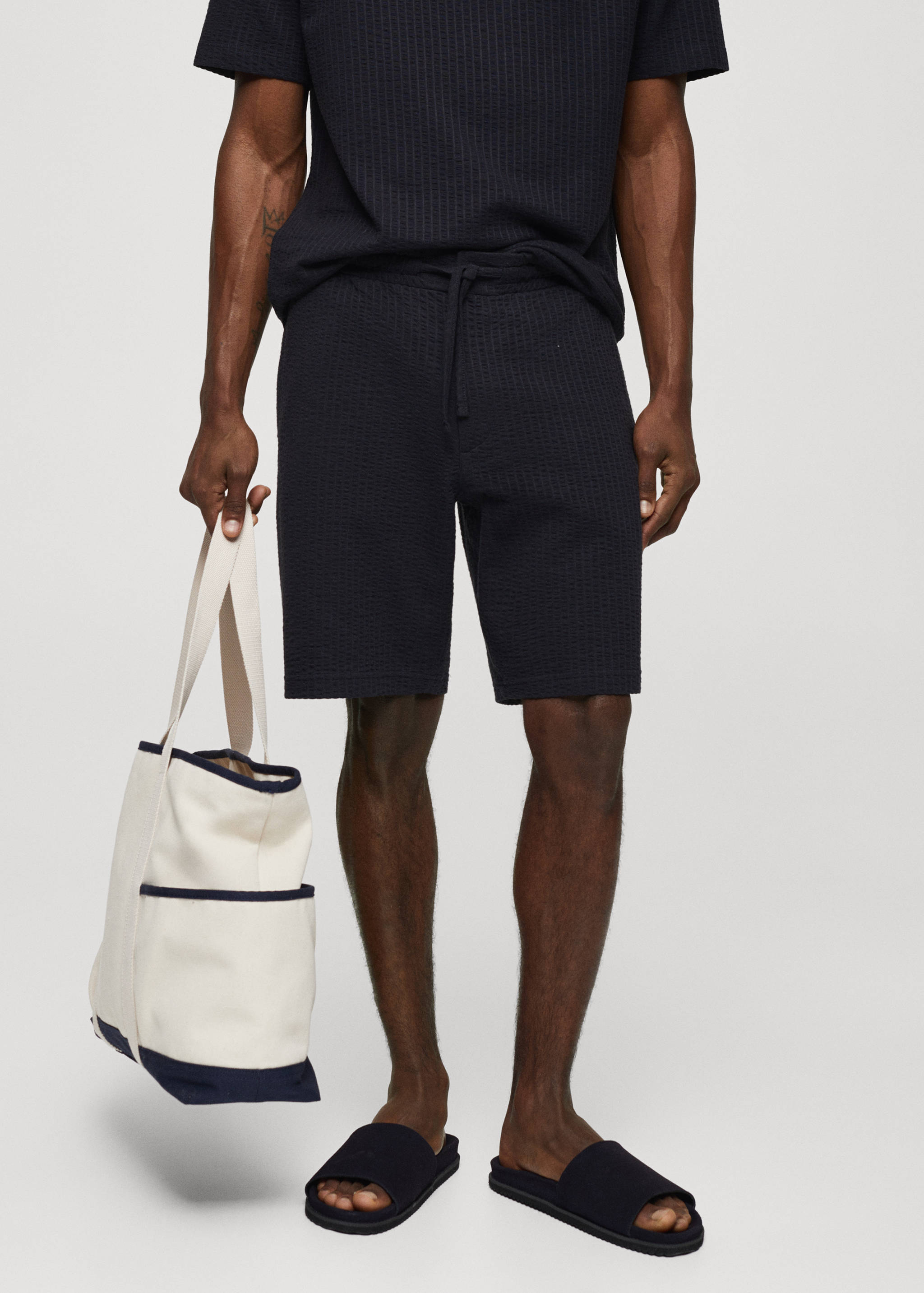 Cotton seersucker bermuda shorts with drawstring - Medium plane