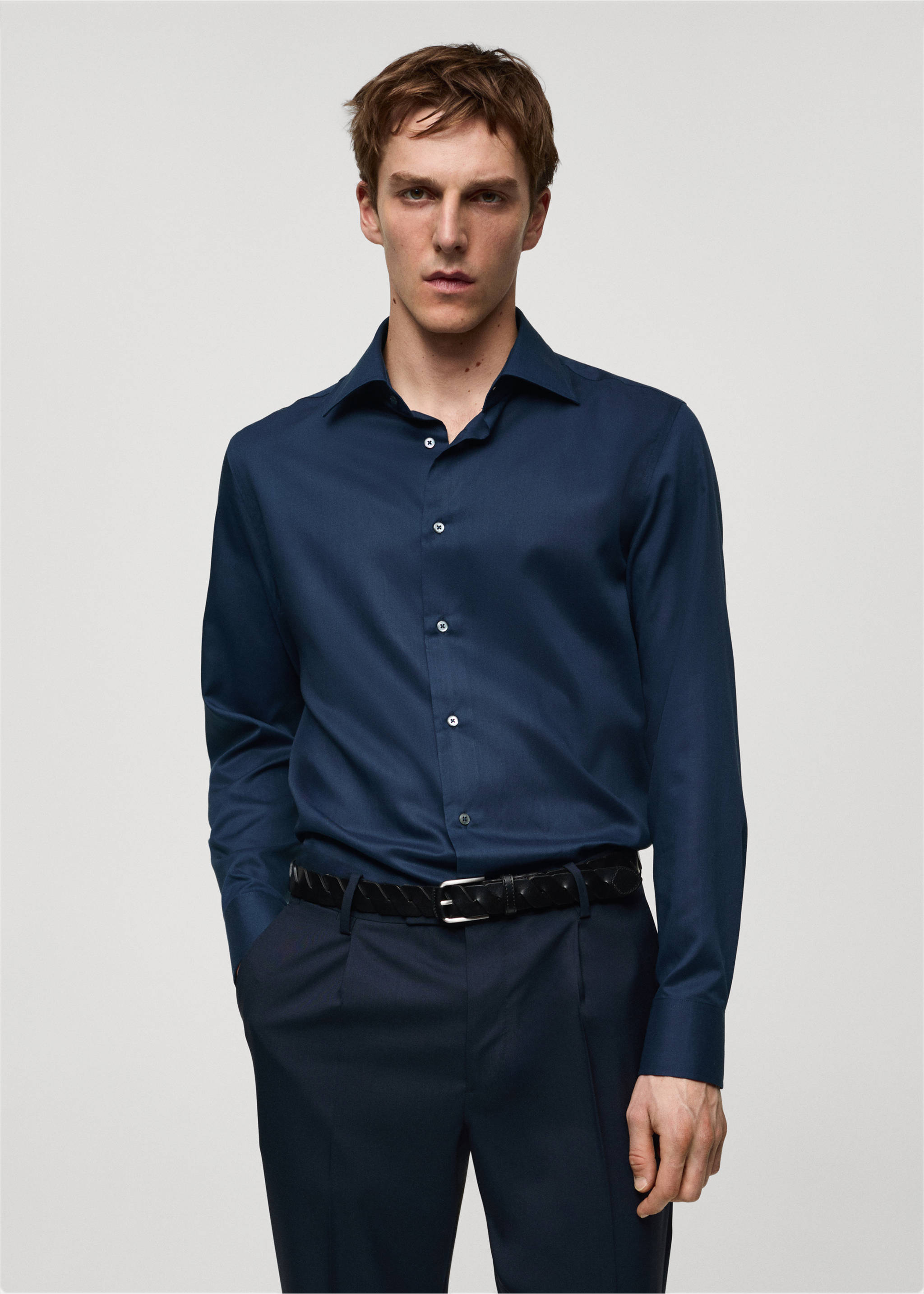 Slim-fit Tencel cotton shirt - Medium plane, Dark Navy. Ref: 67098266-00.