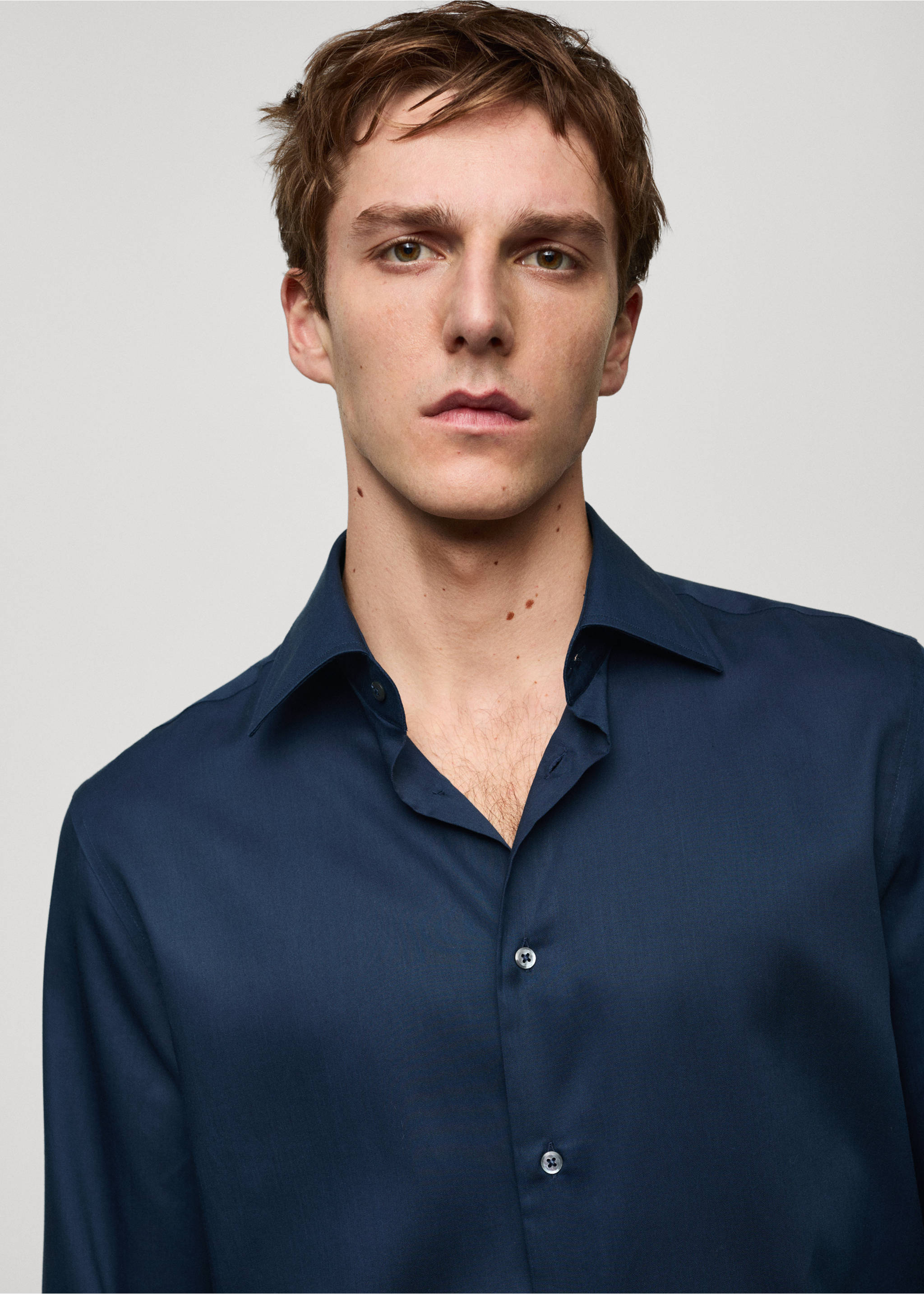 Slim-fit Tencel cotton shirt - Details of the article 1, Dark Navy. Ref: 67098266-00.