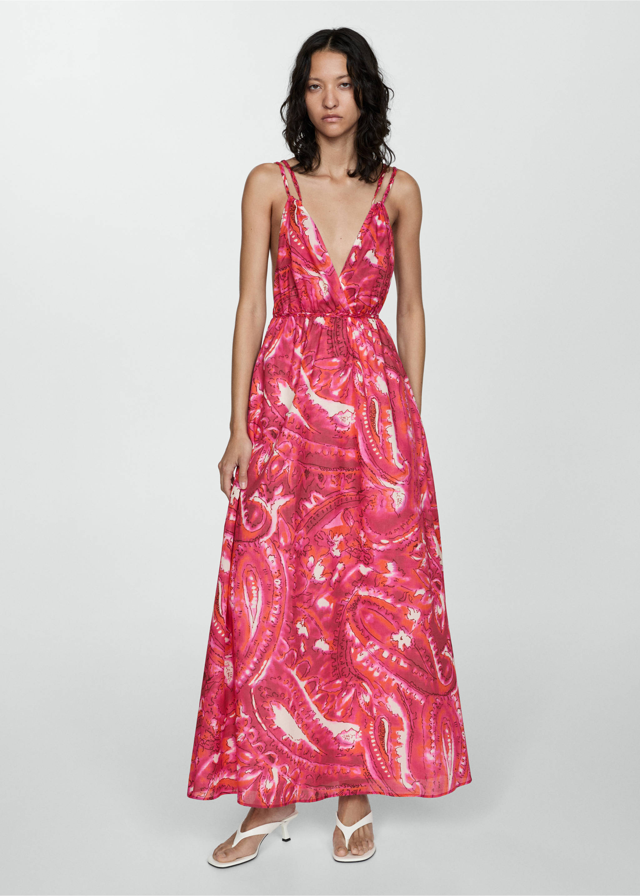 Vestido estampado doble tirante - Plano general, Fucsia. Ref: 77000390-00.