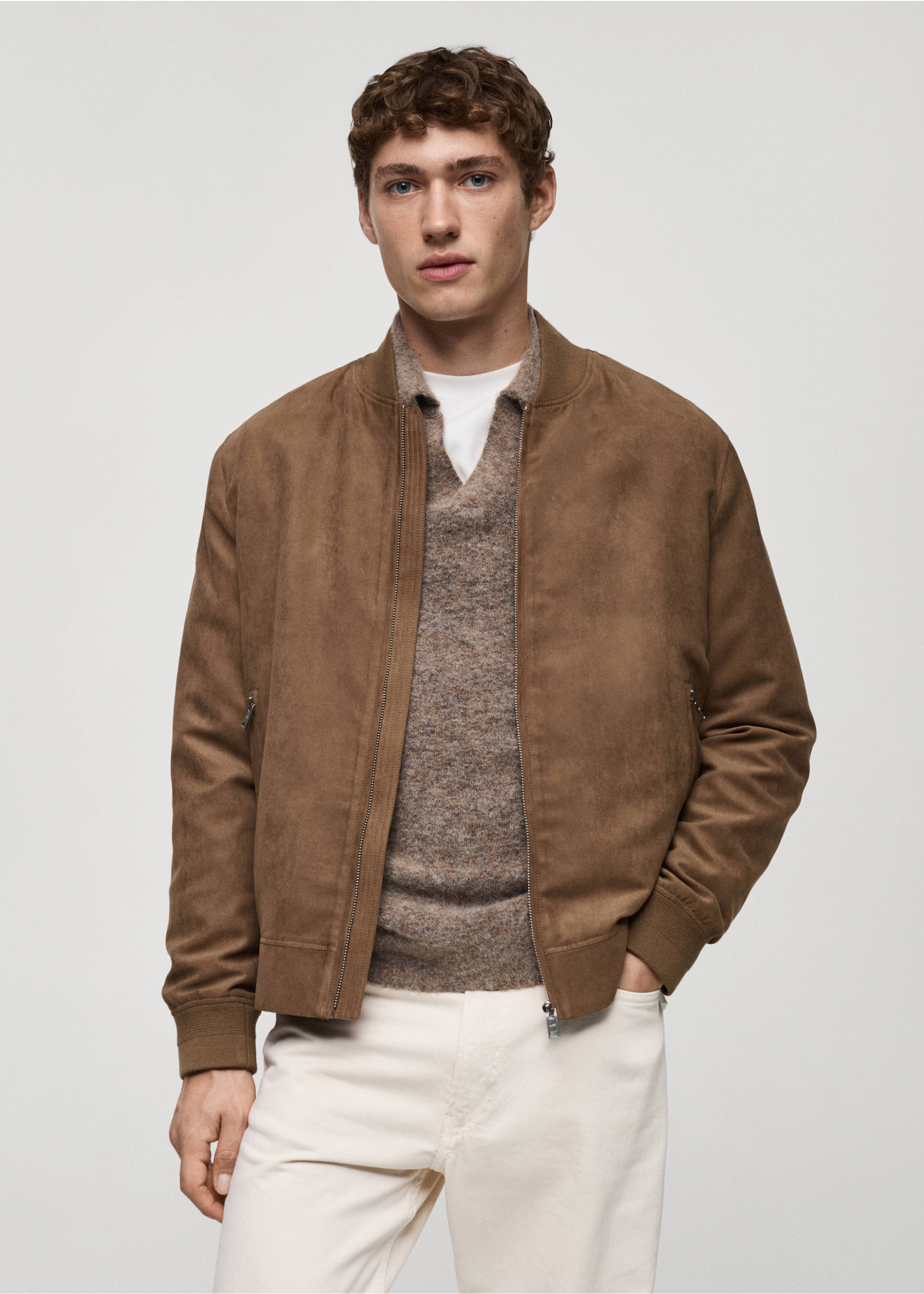 Suede-effect bomber jacket - Medium plane, Beige. Ref: 77000571-00.