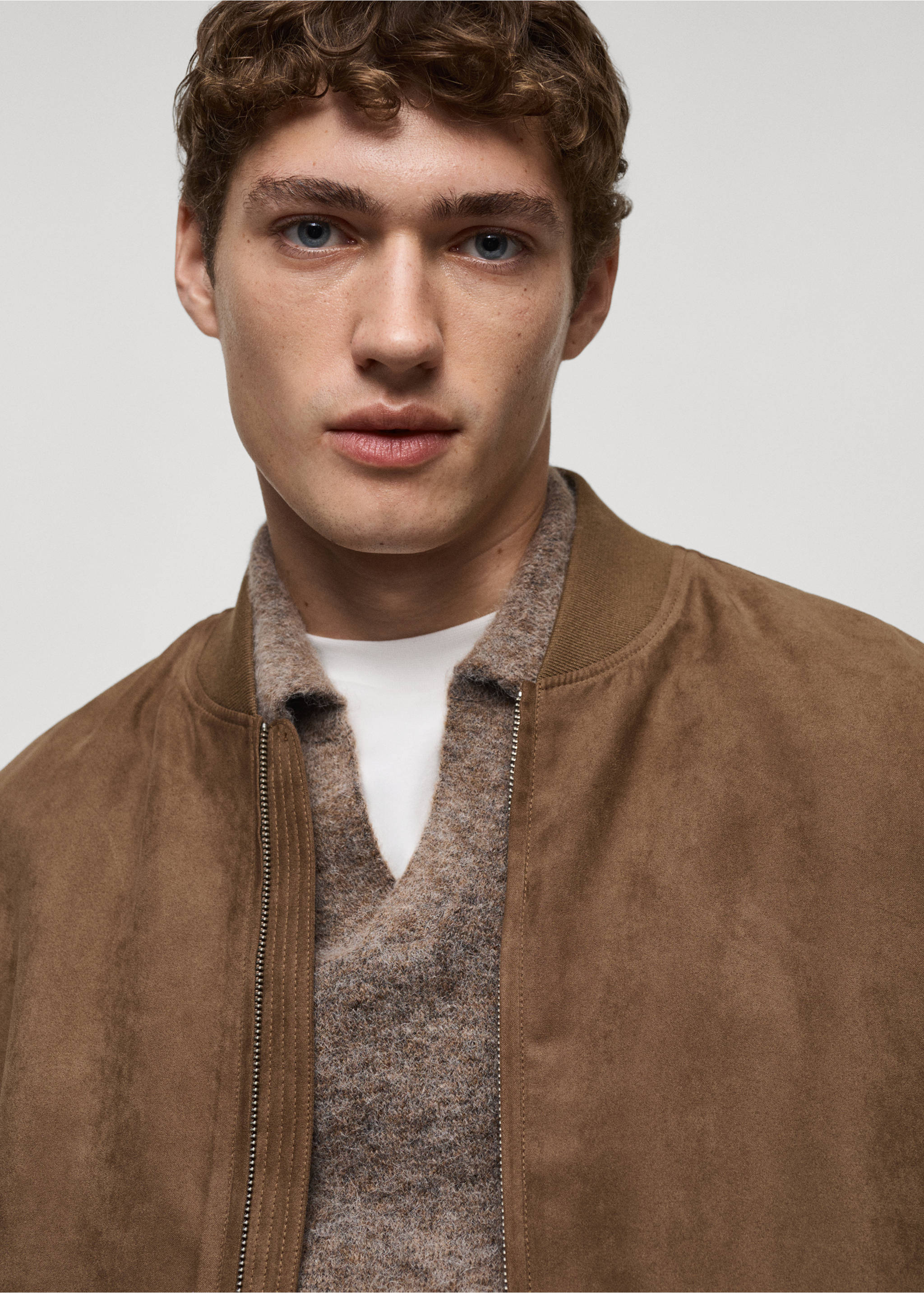 Suede-effect bomber jacket - Details of the article 1, Beige. Ref: 77000571-00.
