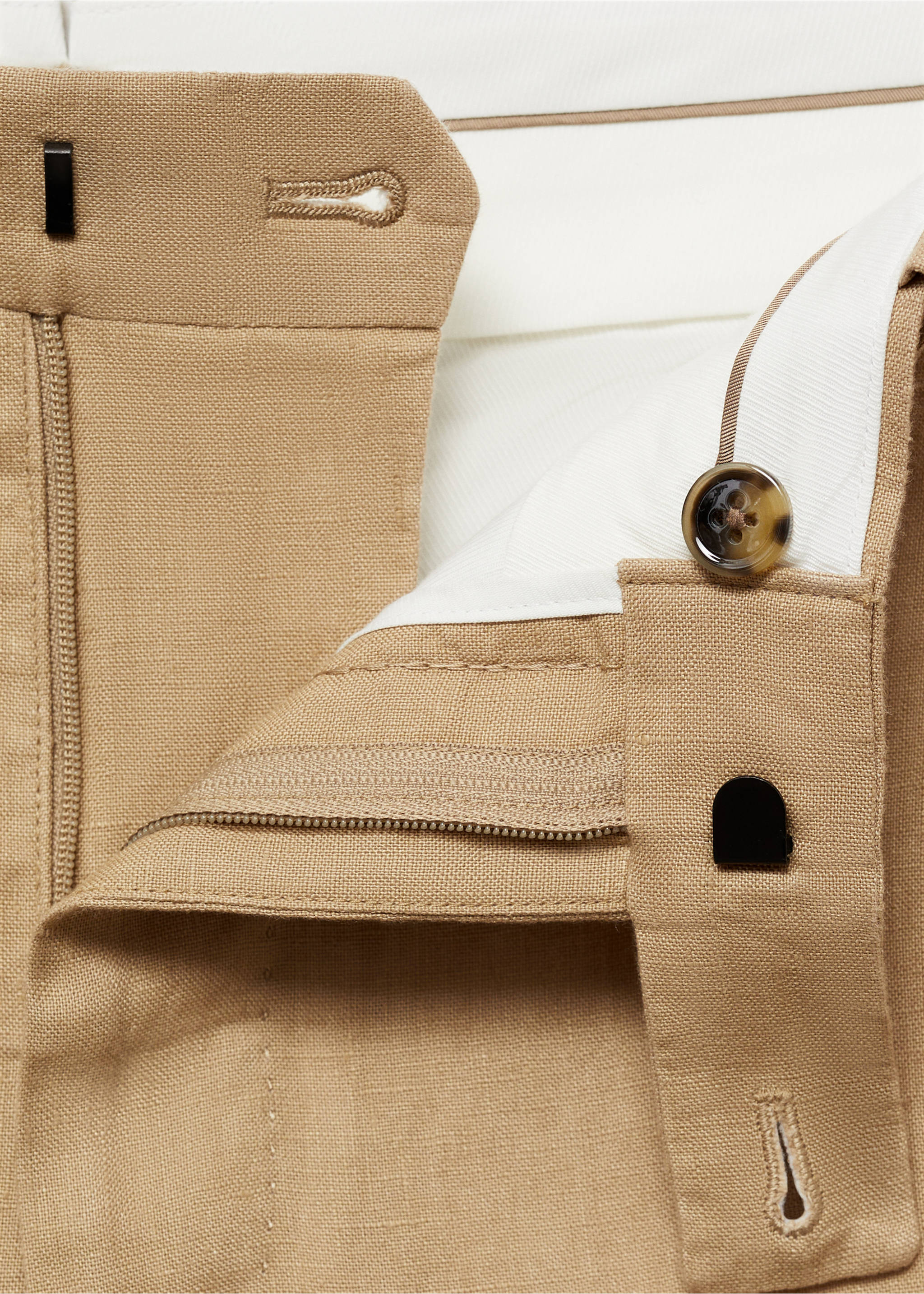 100% linen slim-fit suit pants - Details of the article 8, Medium Brown. Ref: 77000591-00.