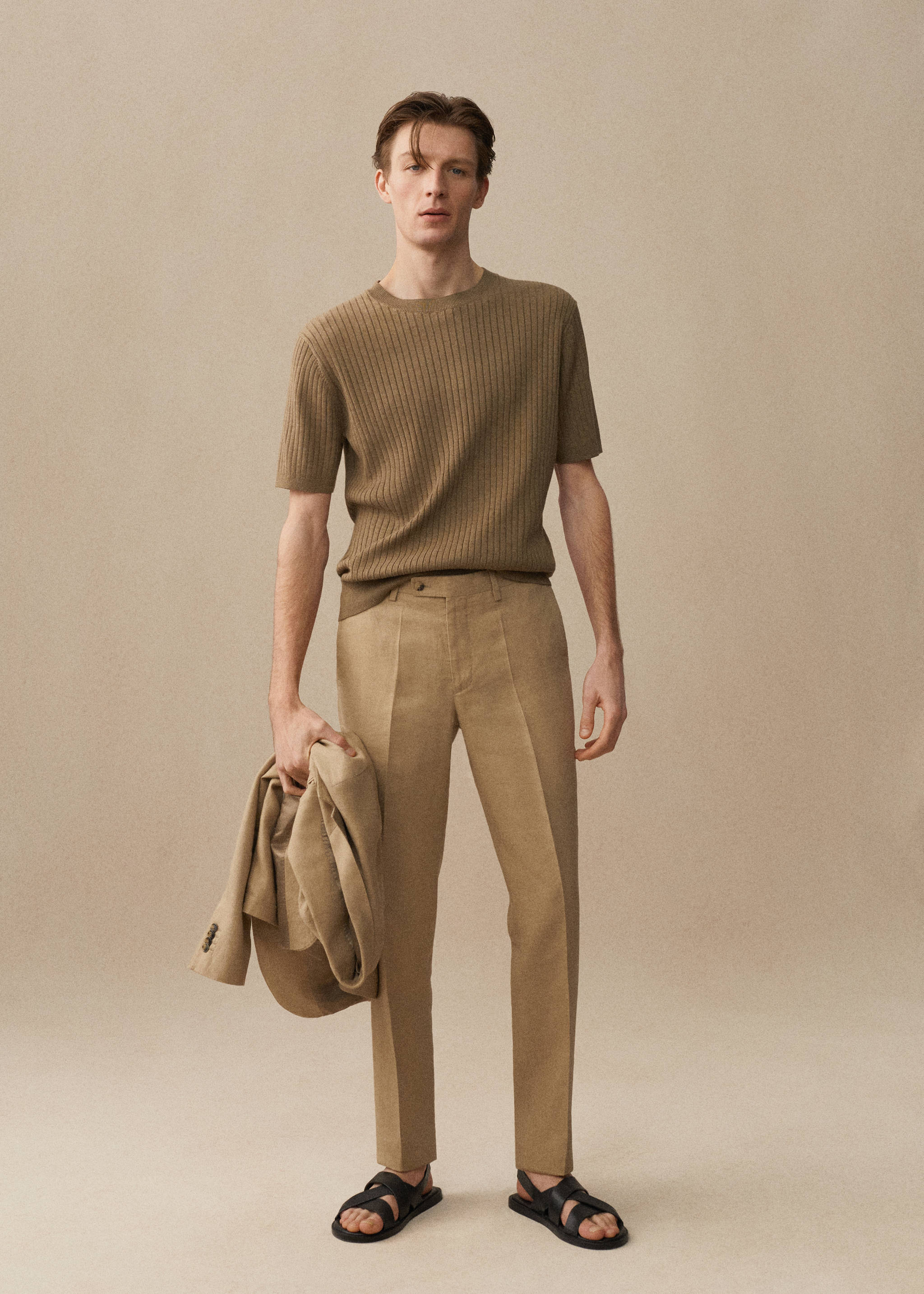 100% linen slim-fit suit pants - Details of the article 3, Medium Brown. Ref: 77000591-00.