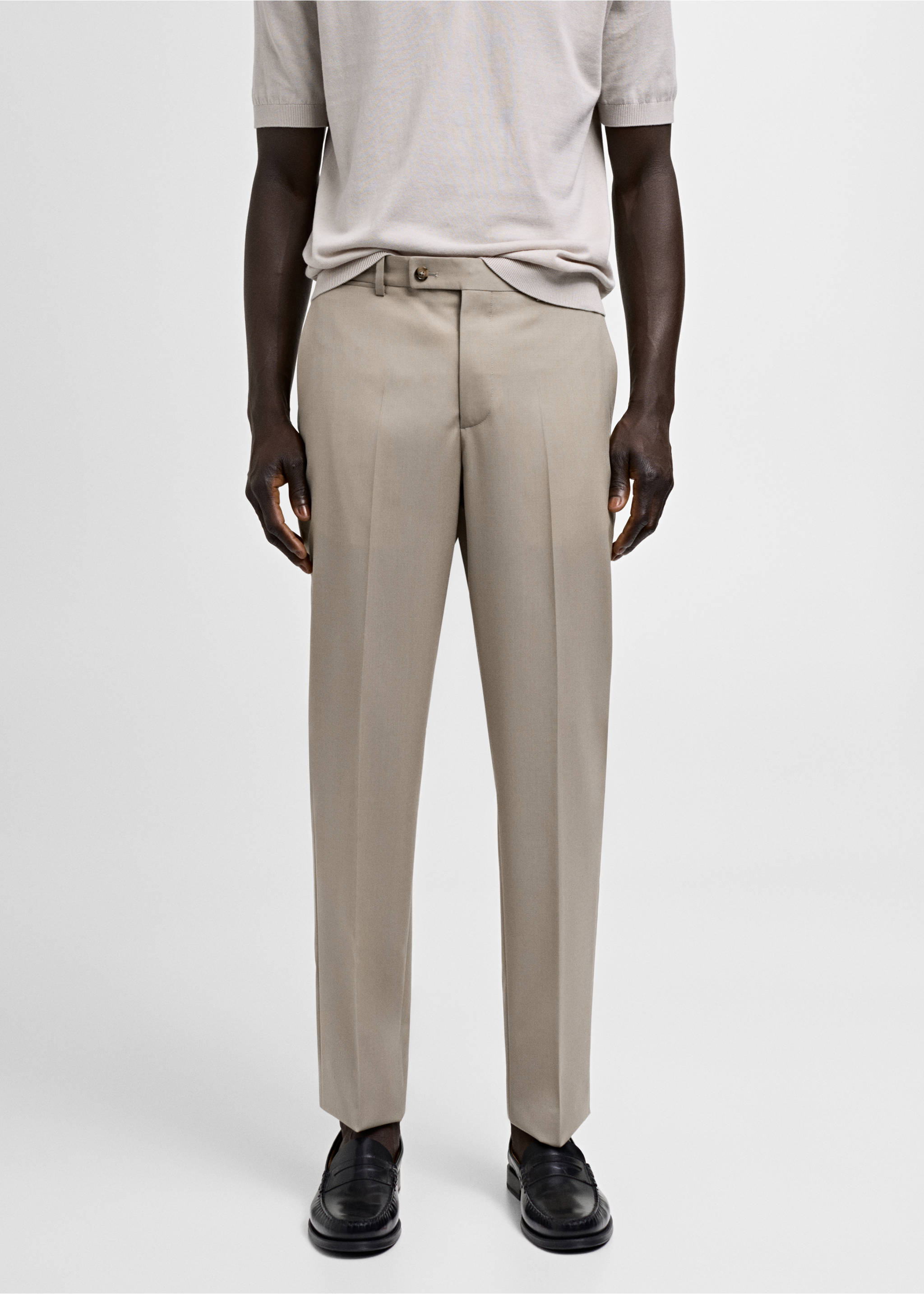 Pantalón traje slim fit 100% lana virgen - Plano medio, Beige. Ref: 77000593-01.