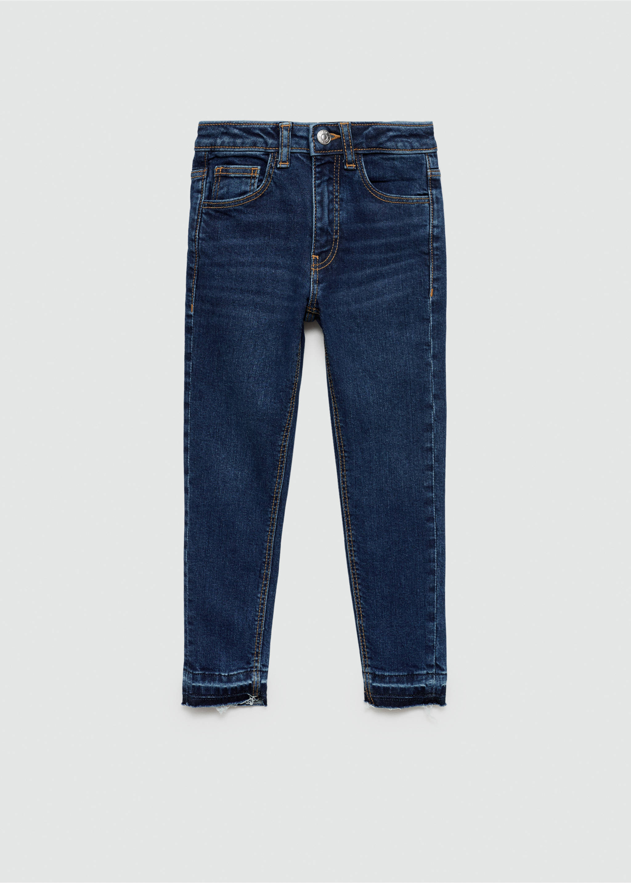 Dark blue skinny denim trousers with contrast stitching and frayed hems., Dark Blue. Ref: 77001012-00.