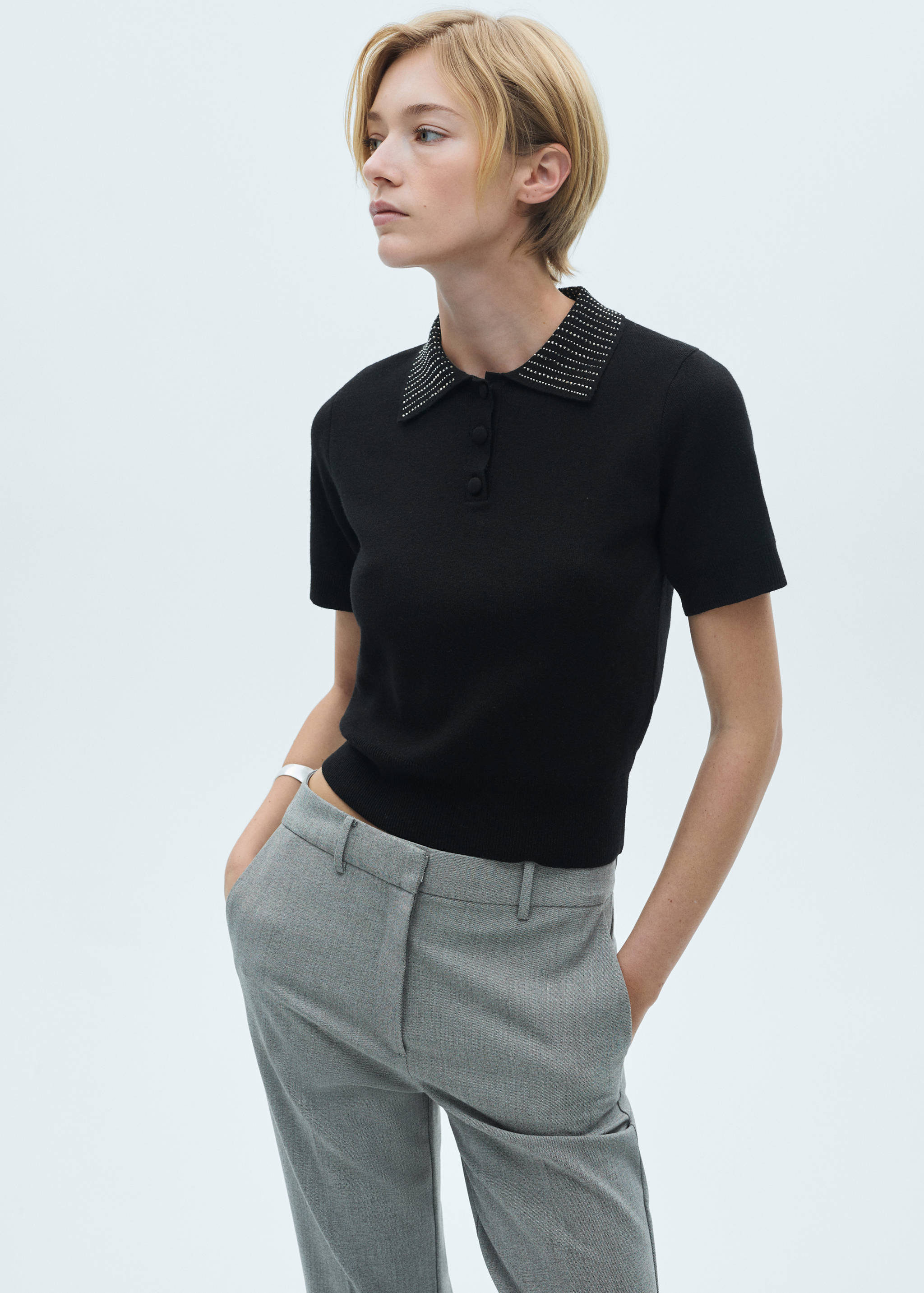 Knitted polo shirt with rhinestone collar - Medium plane