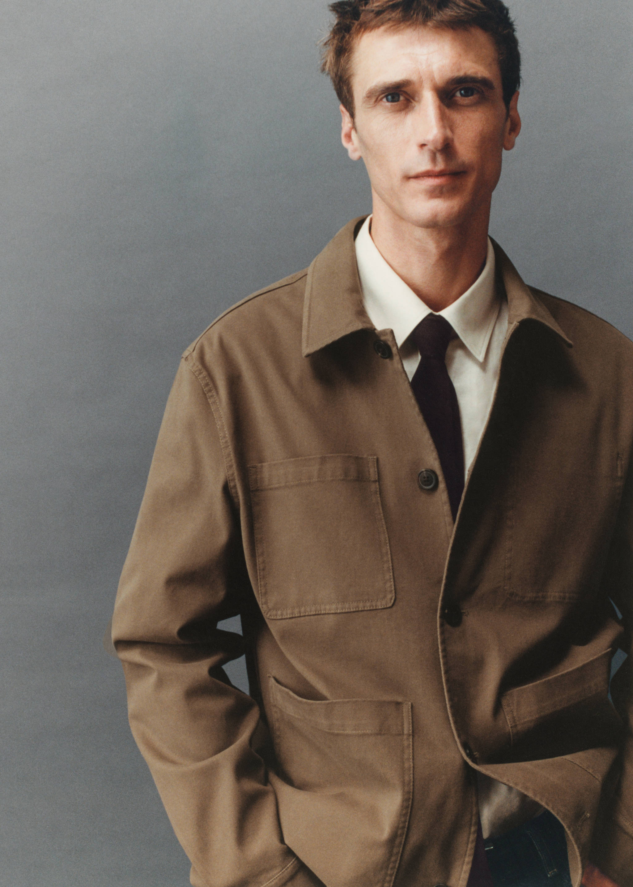 斜纹棉质口袋外套衬衫 - null