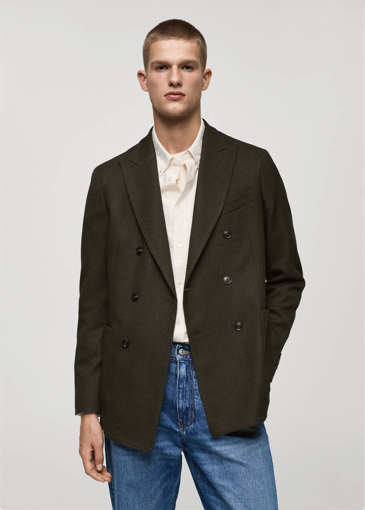 Herringbone slim-fit double-breasted jacket — Green