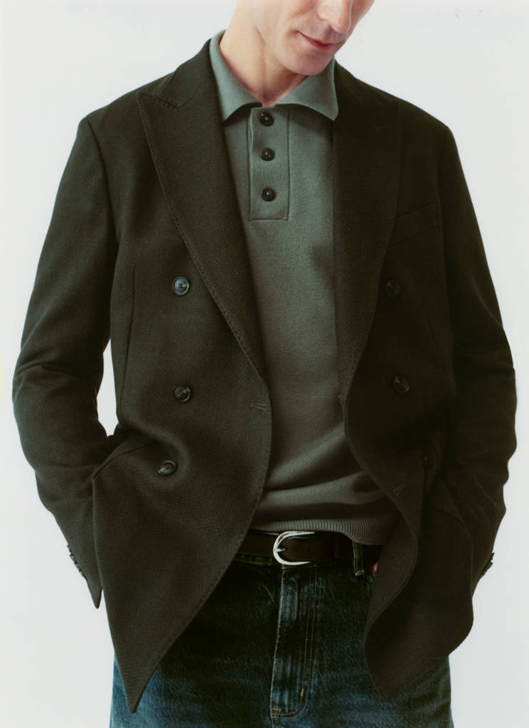 Herringbone slim-fit double-breasted jacket — Green