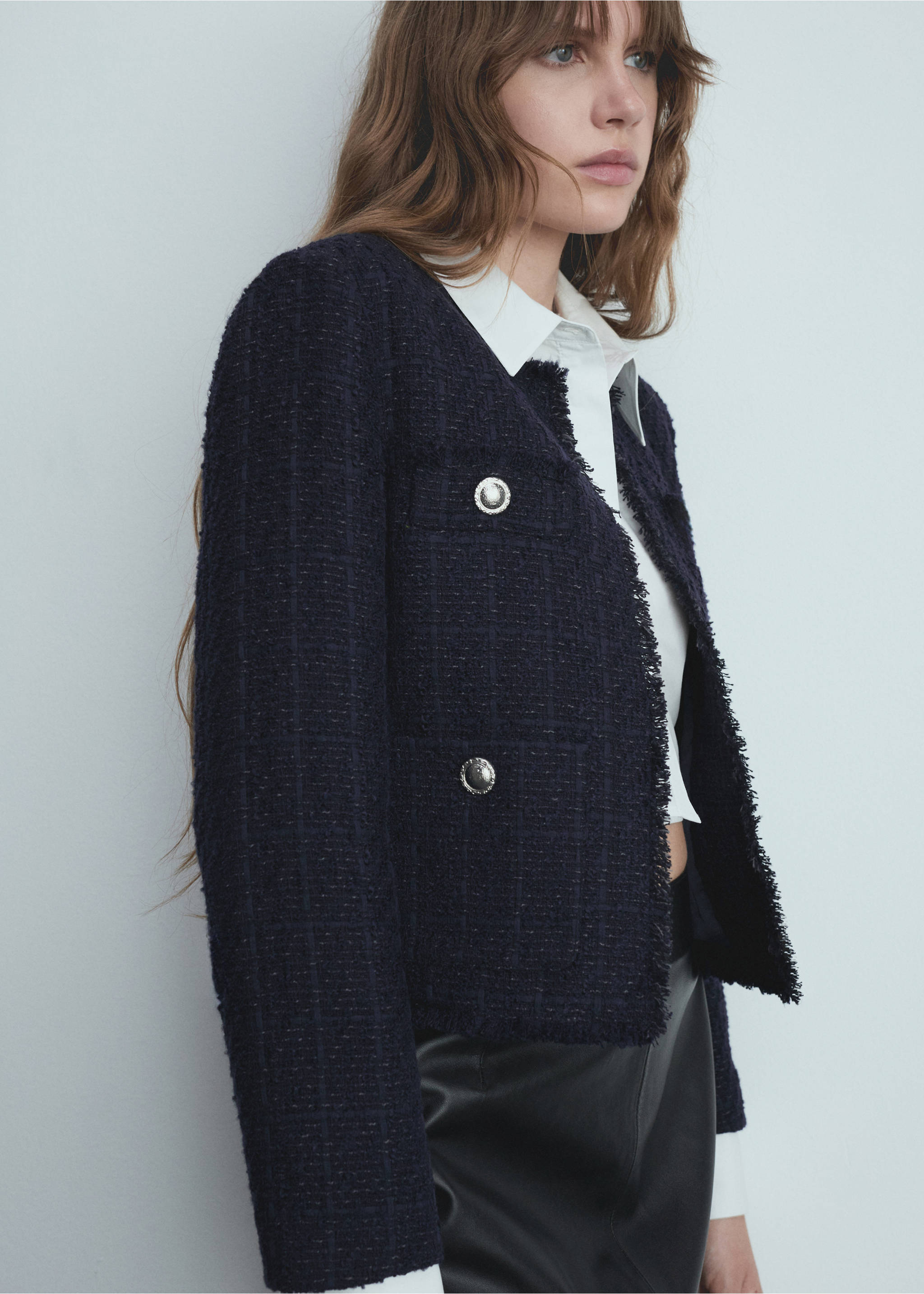 Chaqueta tweed botones joya - Plano medio, Azul marino oscuro. Ref: 77006764-00.