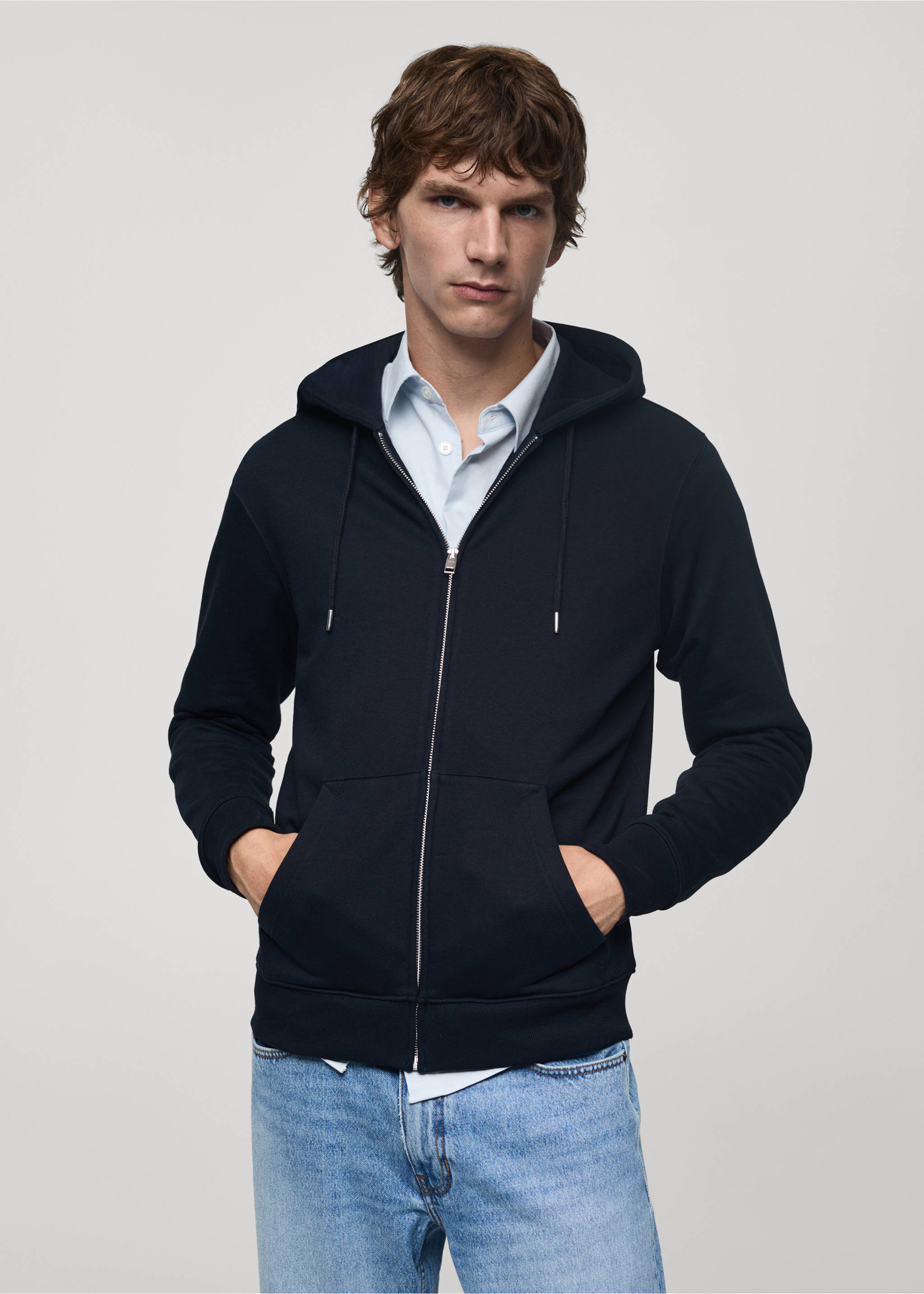 Sudadera algodón capucha cremallera - Plano medio, Azul marino oscuro. Ref: 77007118-00.