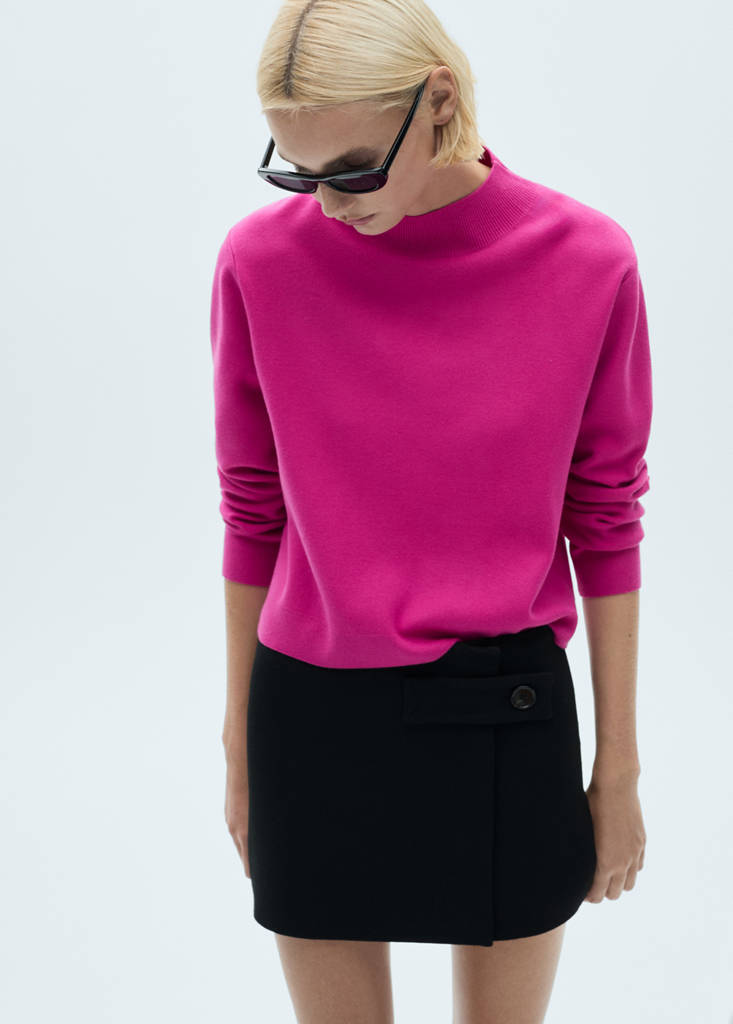 Knitted sweater with perkins neck — Fuchsia