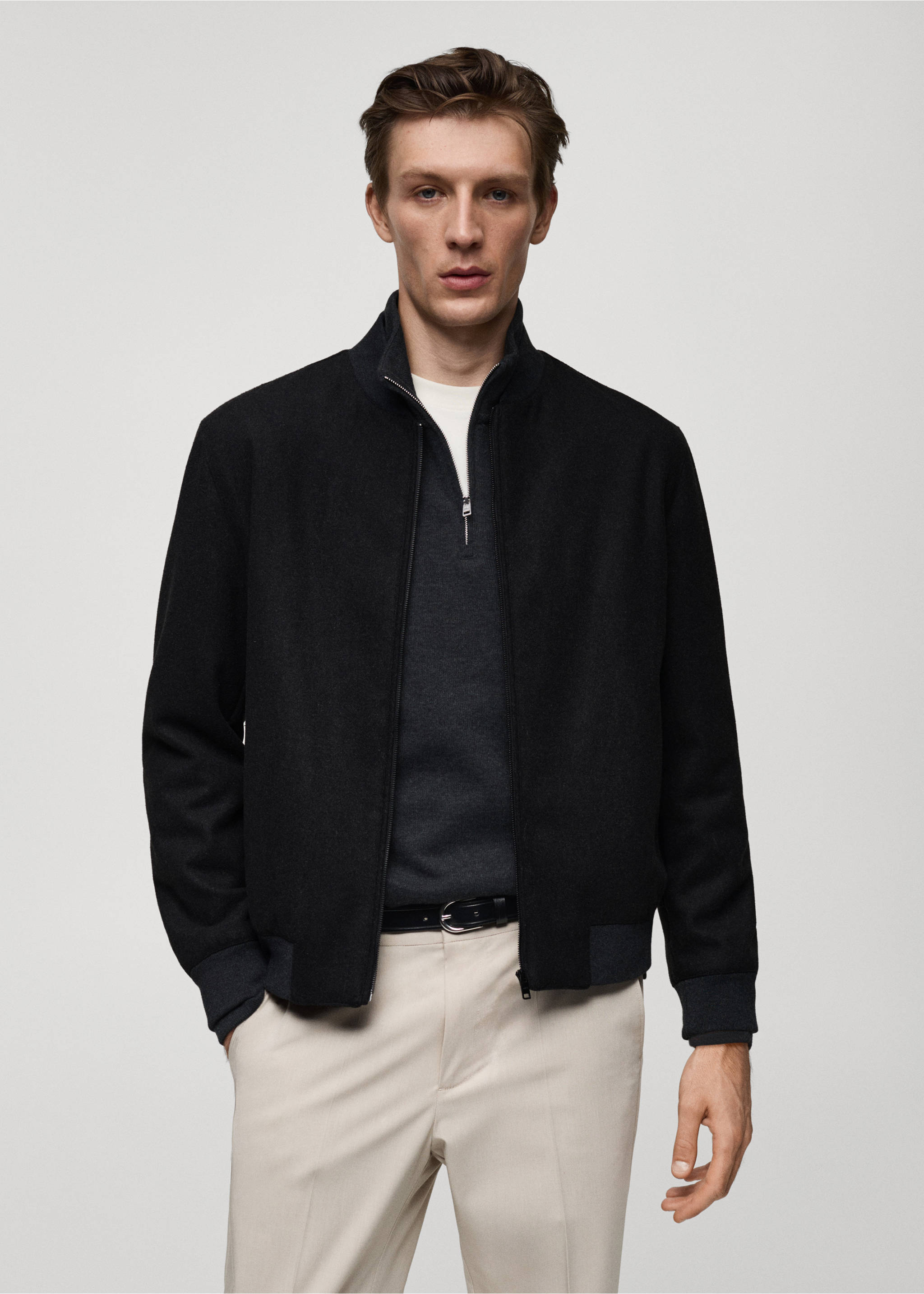 Recycled-wool bomber jacket - Medium plane, Charcoal. Ref: 77007924-00.