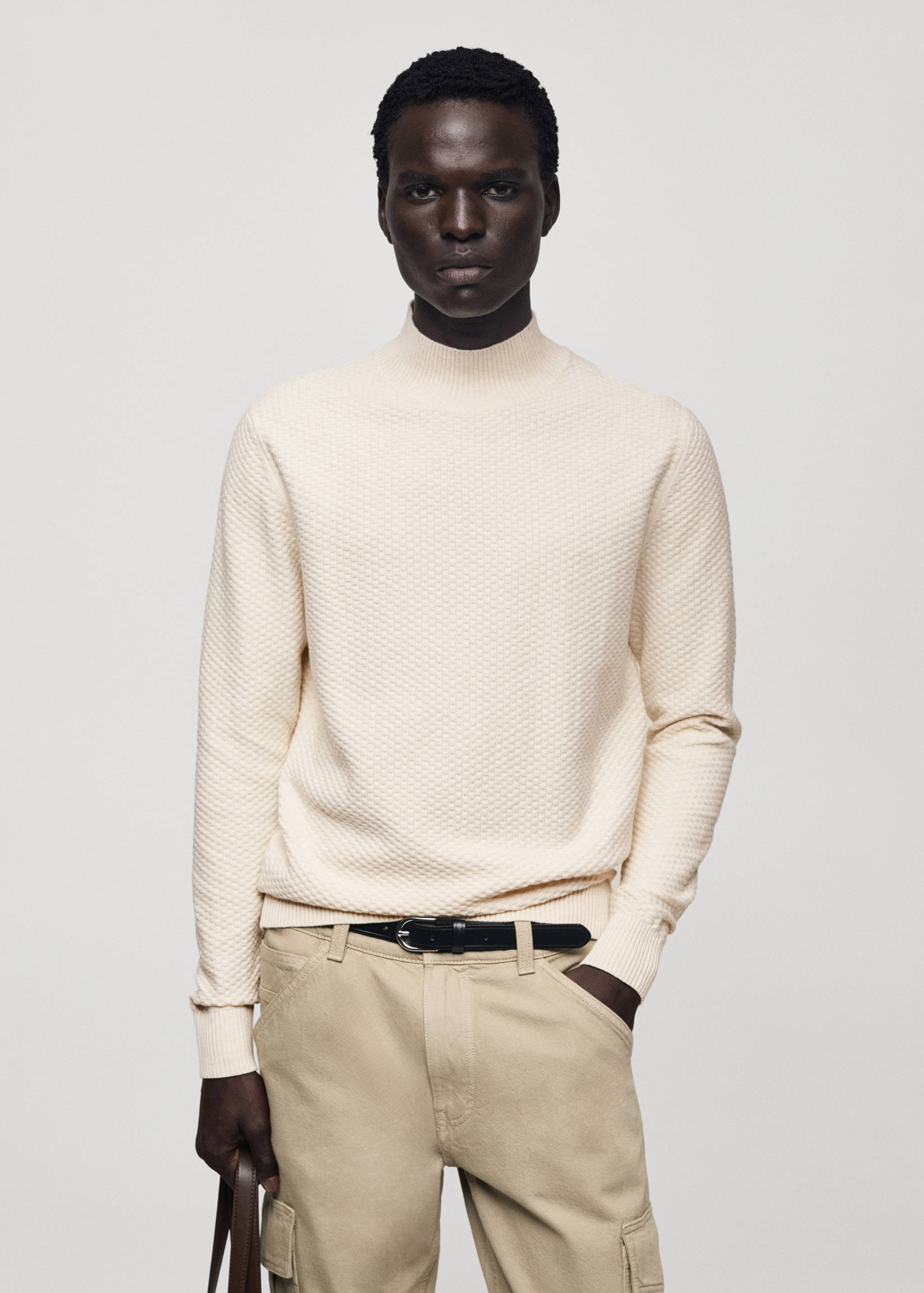 Genser i bomull med struktur og perkinshals - Halvtotal bildeutsnitt