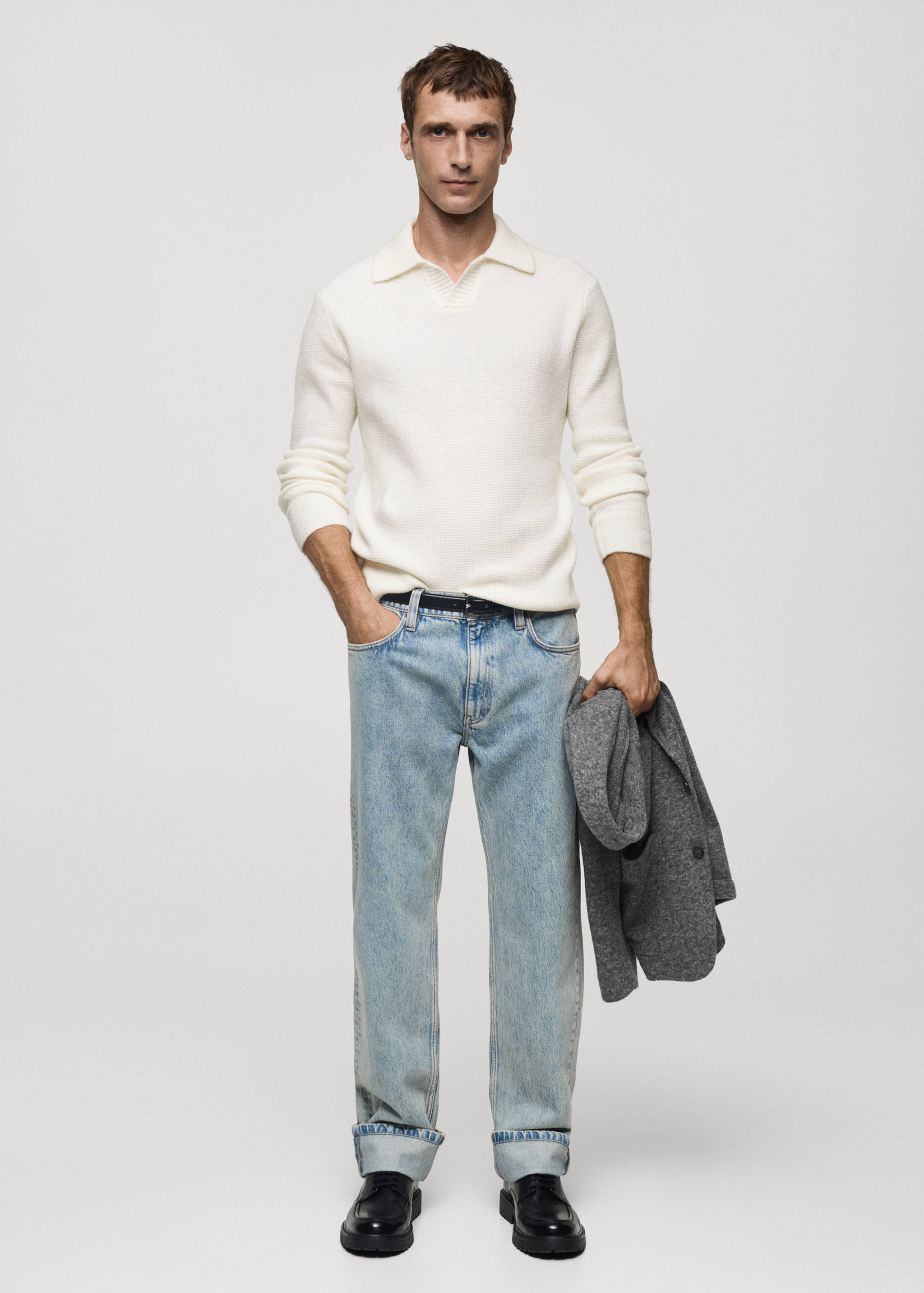 Knitted structured check polo sweater - General plane