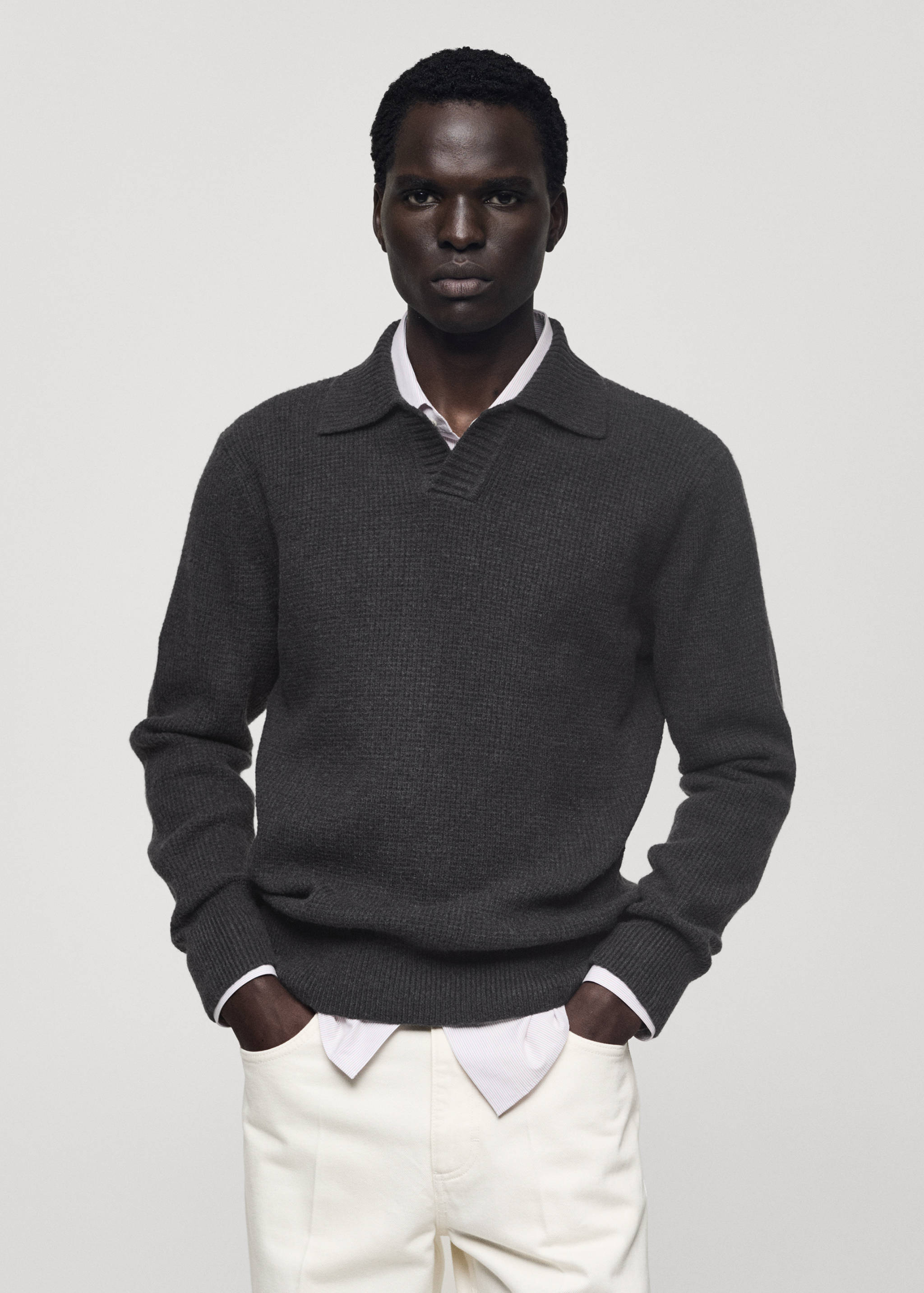 Knitted structured check polo sweater - Medium plane