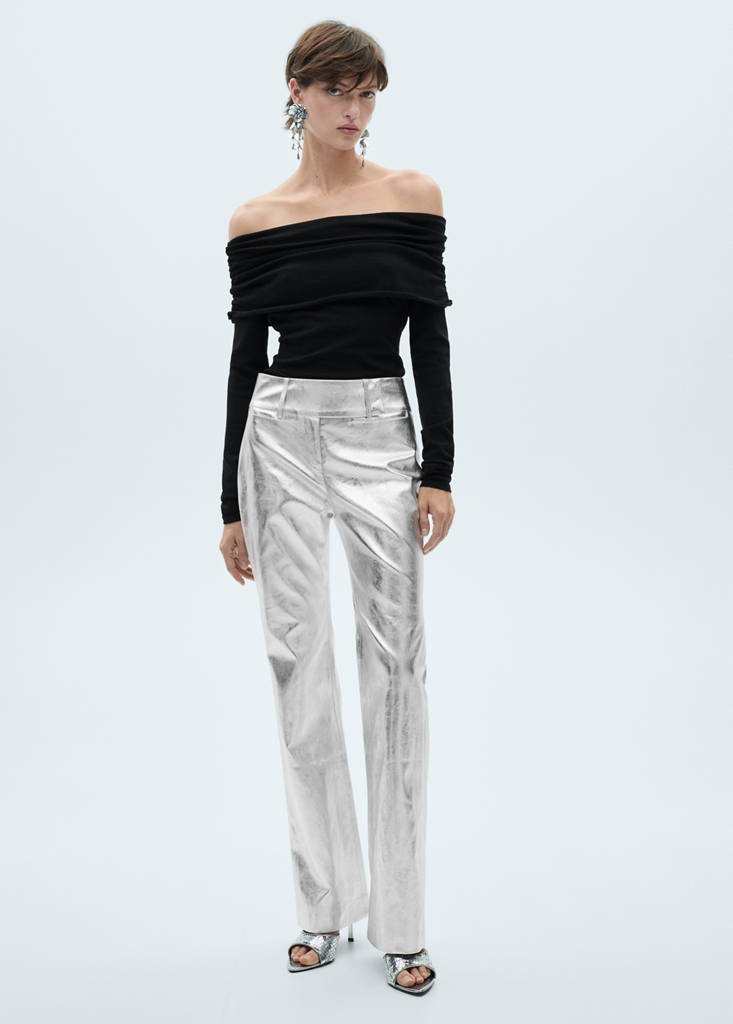 MANGO - Pantalon droit métallisé argent - 40