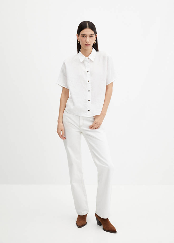Short sleeve linen-blend shirt — White