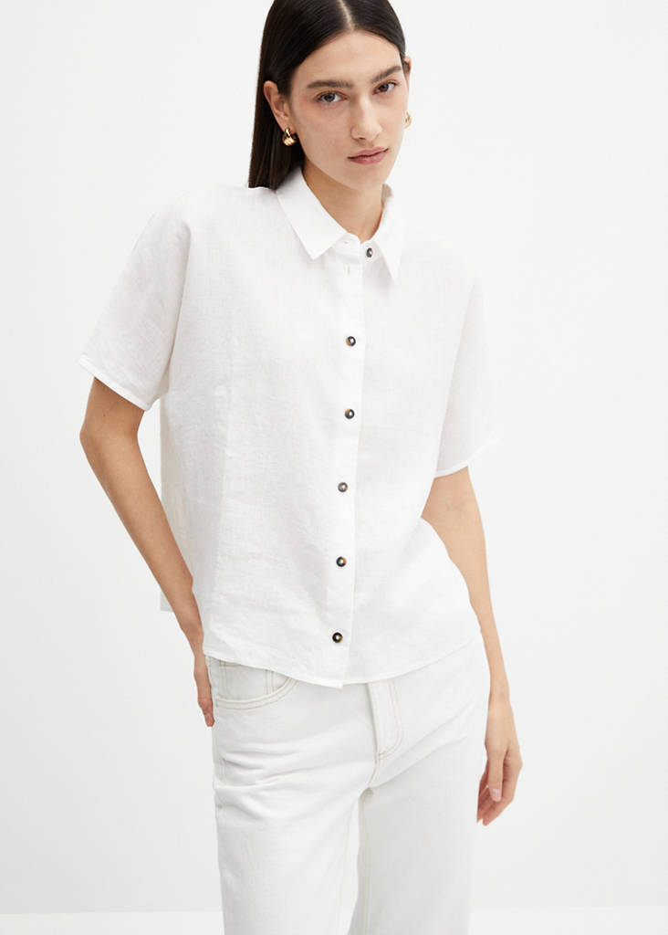 Short sleeve linen-blend shirt — White