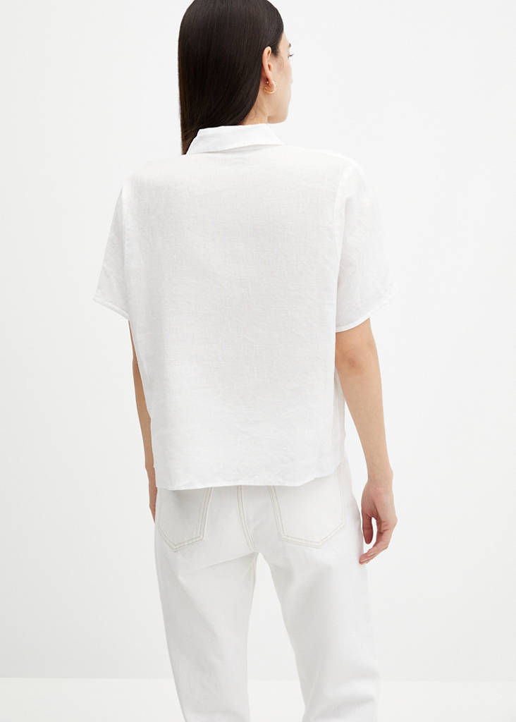 Short sleeve linen-blend shirt — White