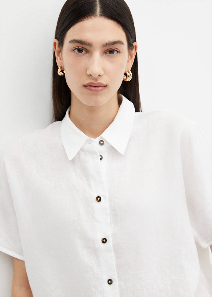 Short sleeve linen-blend shirt — White