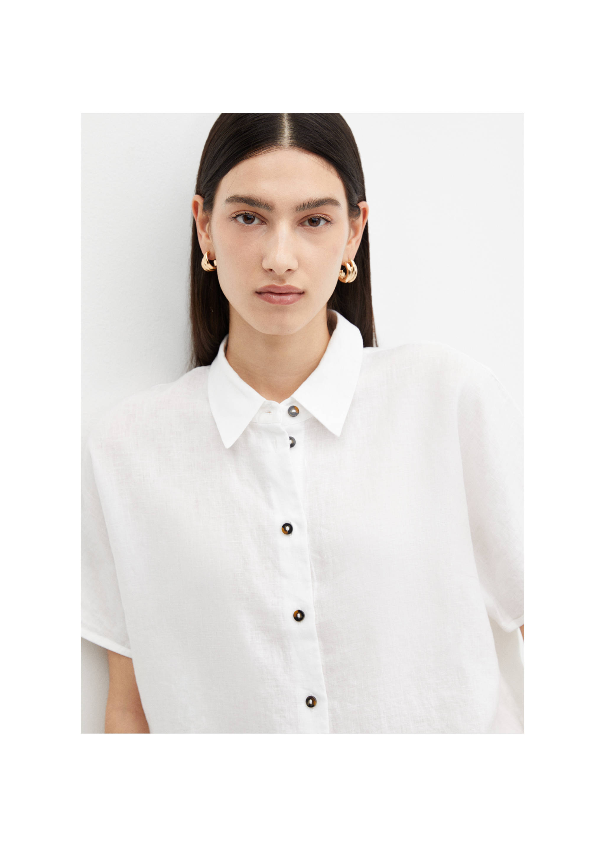 Short sleeve linen-blend shirt - Details of the article 1, White. Ref: 77010203-00.