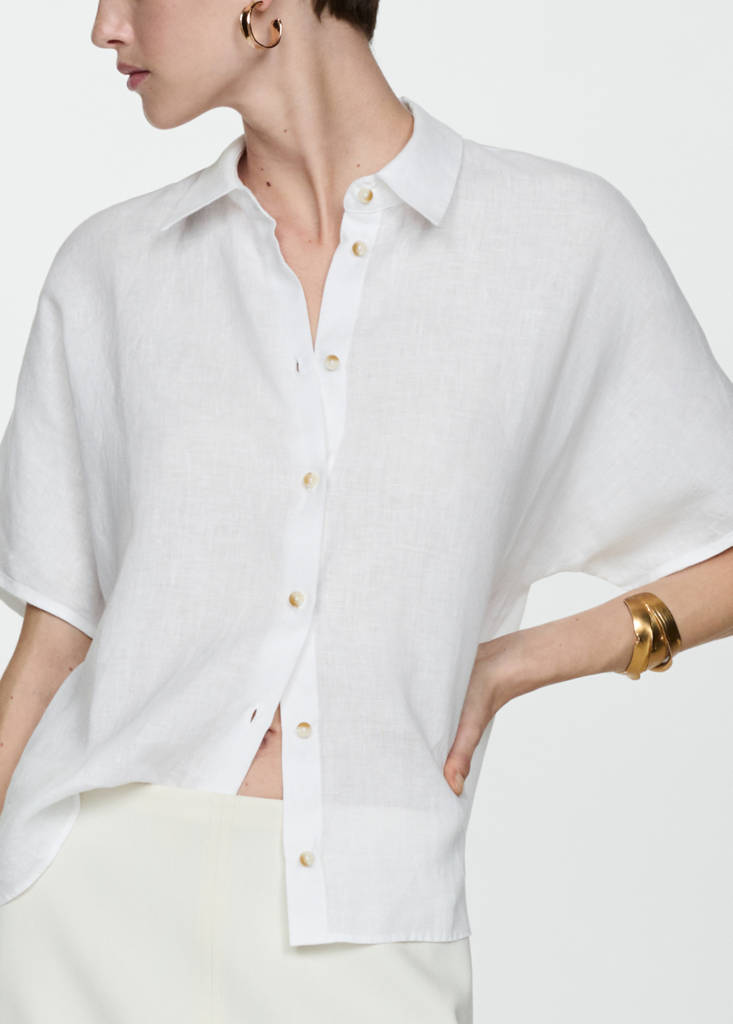 Short sleeve linen-blend shirt — White