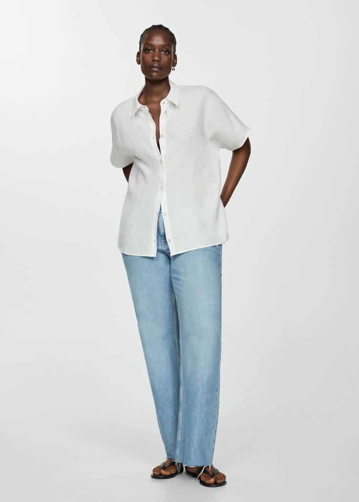 Short sleeve linen-blend shirt — White