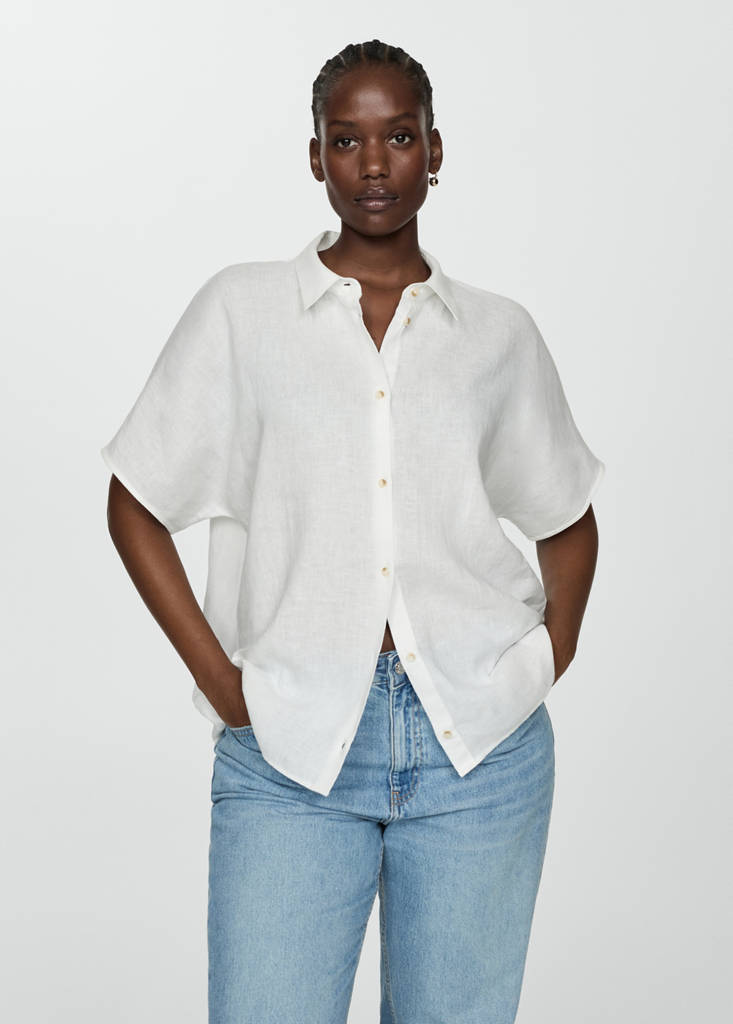Short sleeve linen-blend shirt — White