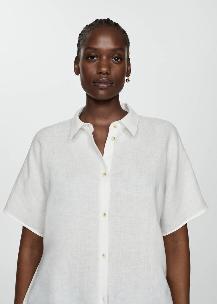 Short sleeve linen-blend shirt — White
