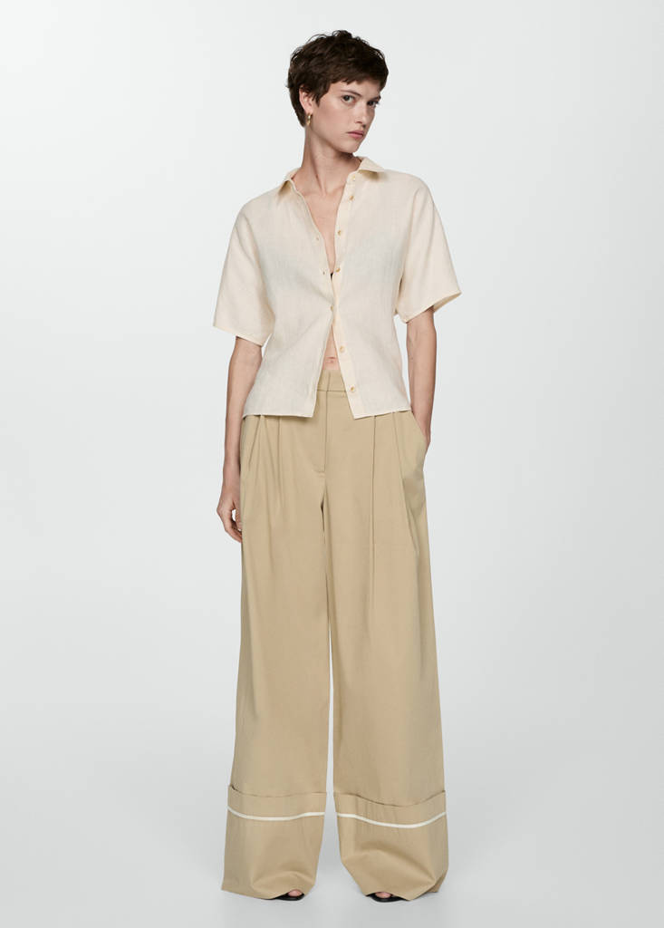 Short sleeve linen-blend shirt — Sand