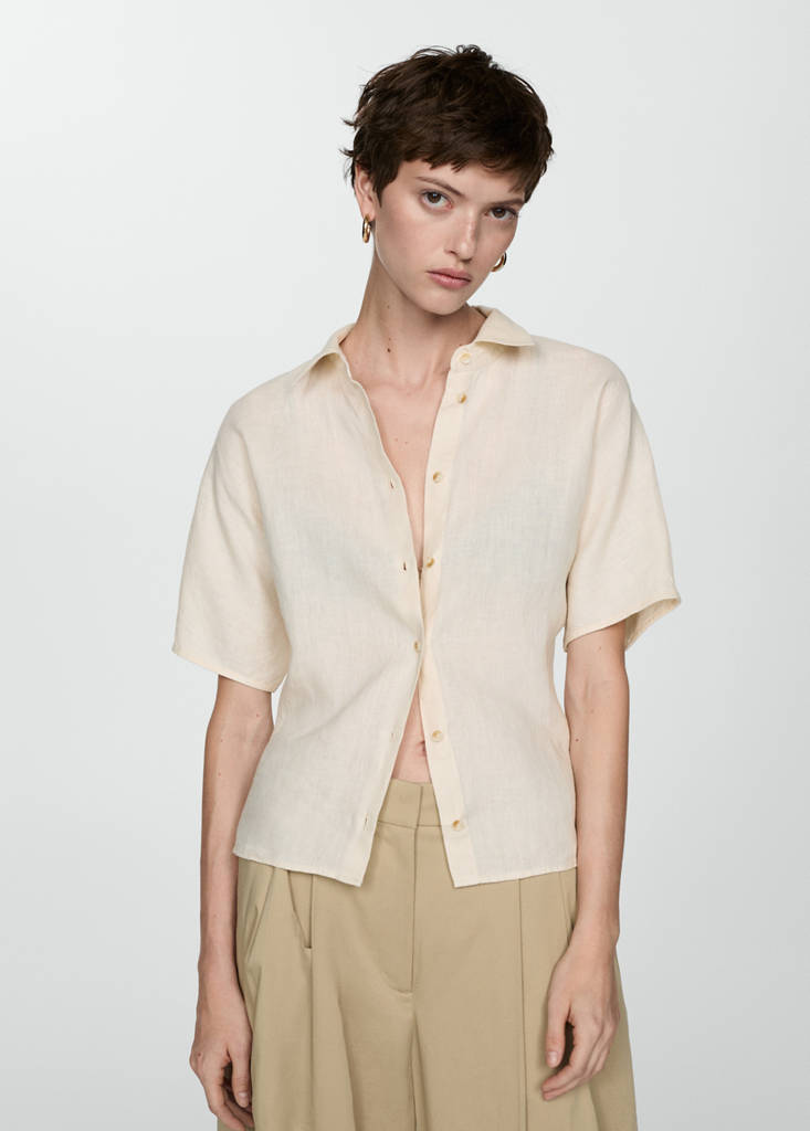 Short sleeve linen-blend shirt — Sand