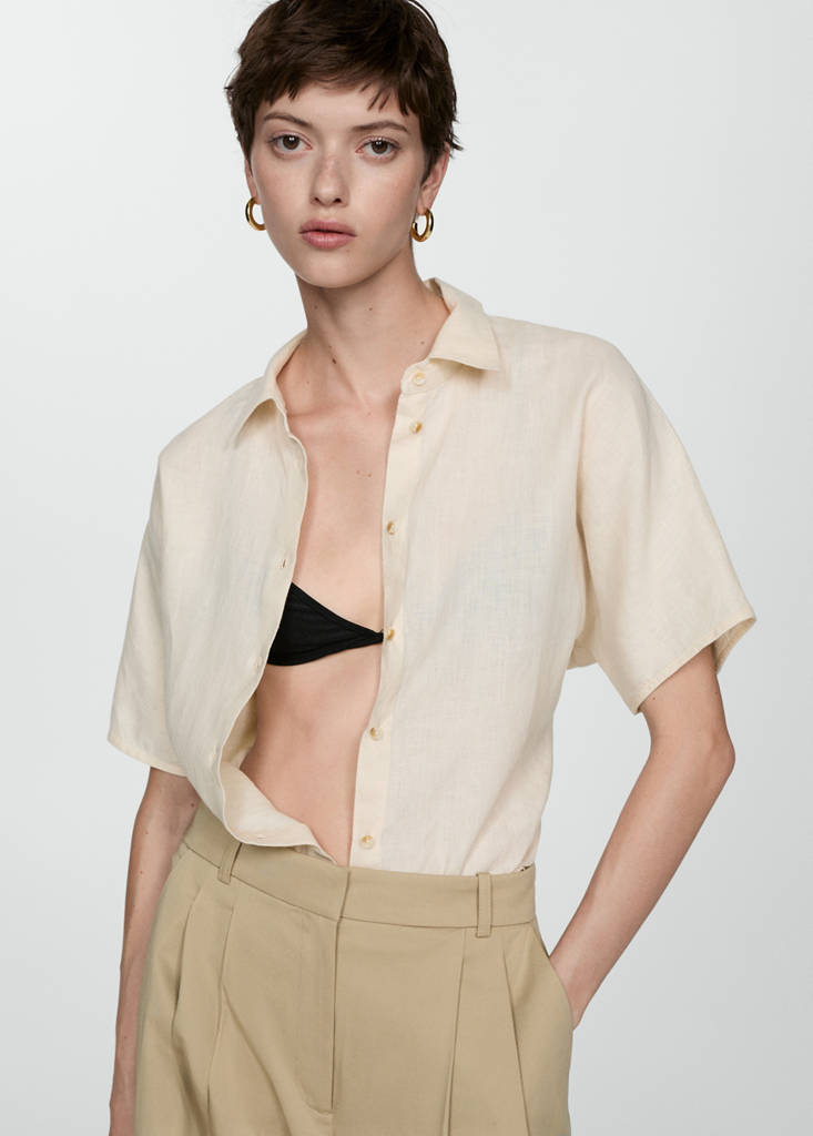 Short sleeve linen-blend shirt — Sand