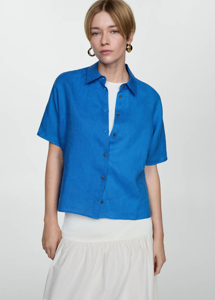 Short sleeve linen-blend shirt — Ink Blue