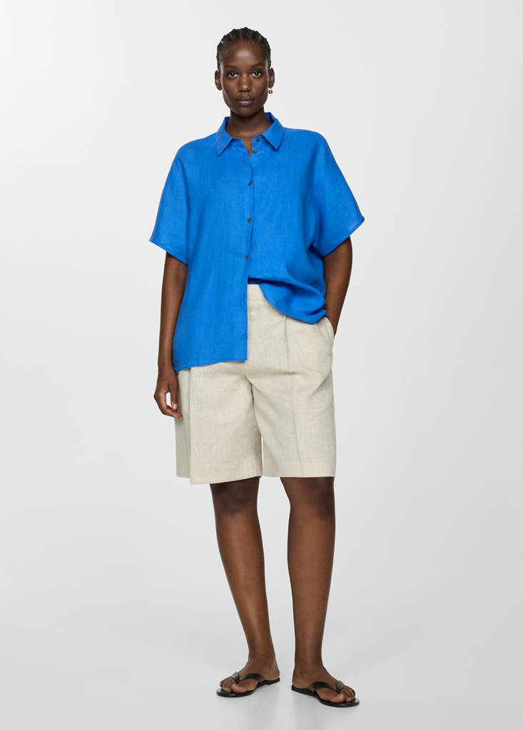 Short sleeve linen-blend shirt — Ink Blue