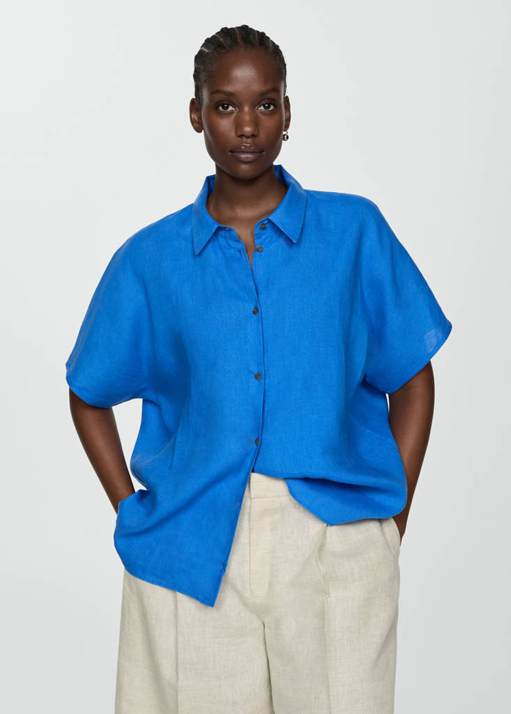 Short sleeve linen-blend shirt — Ink Blue