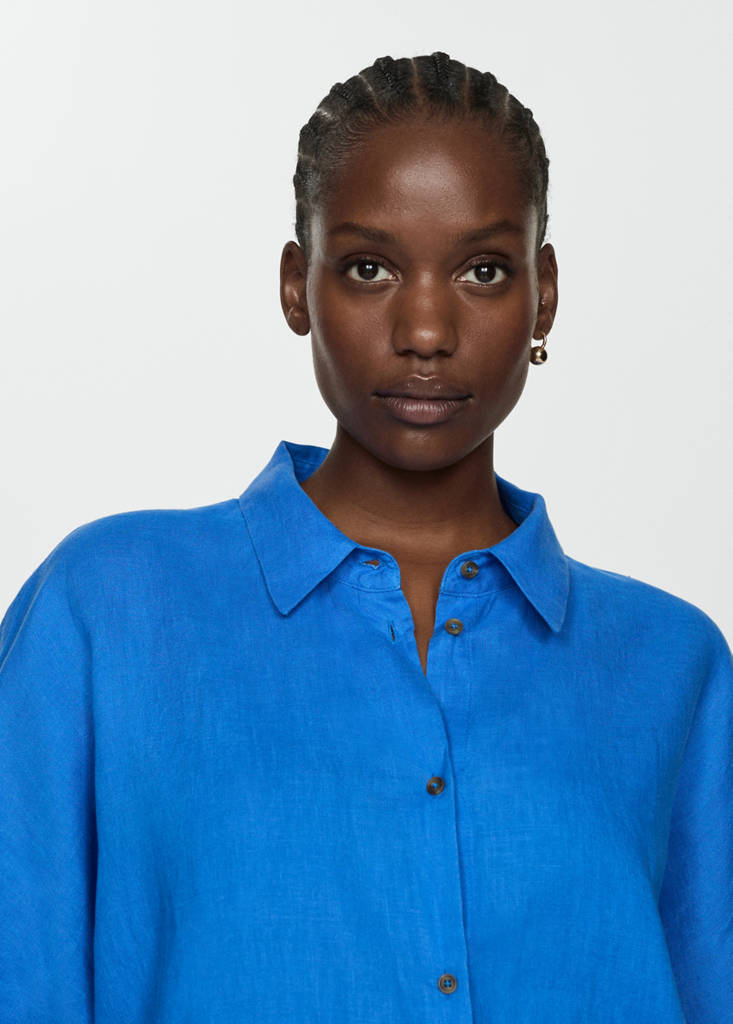 Short sleeve linen-blend shirt — Ink Blue