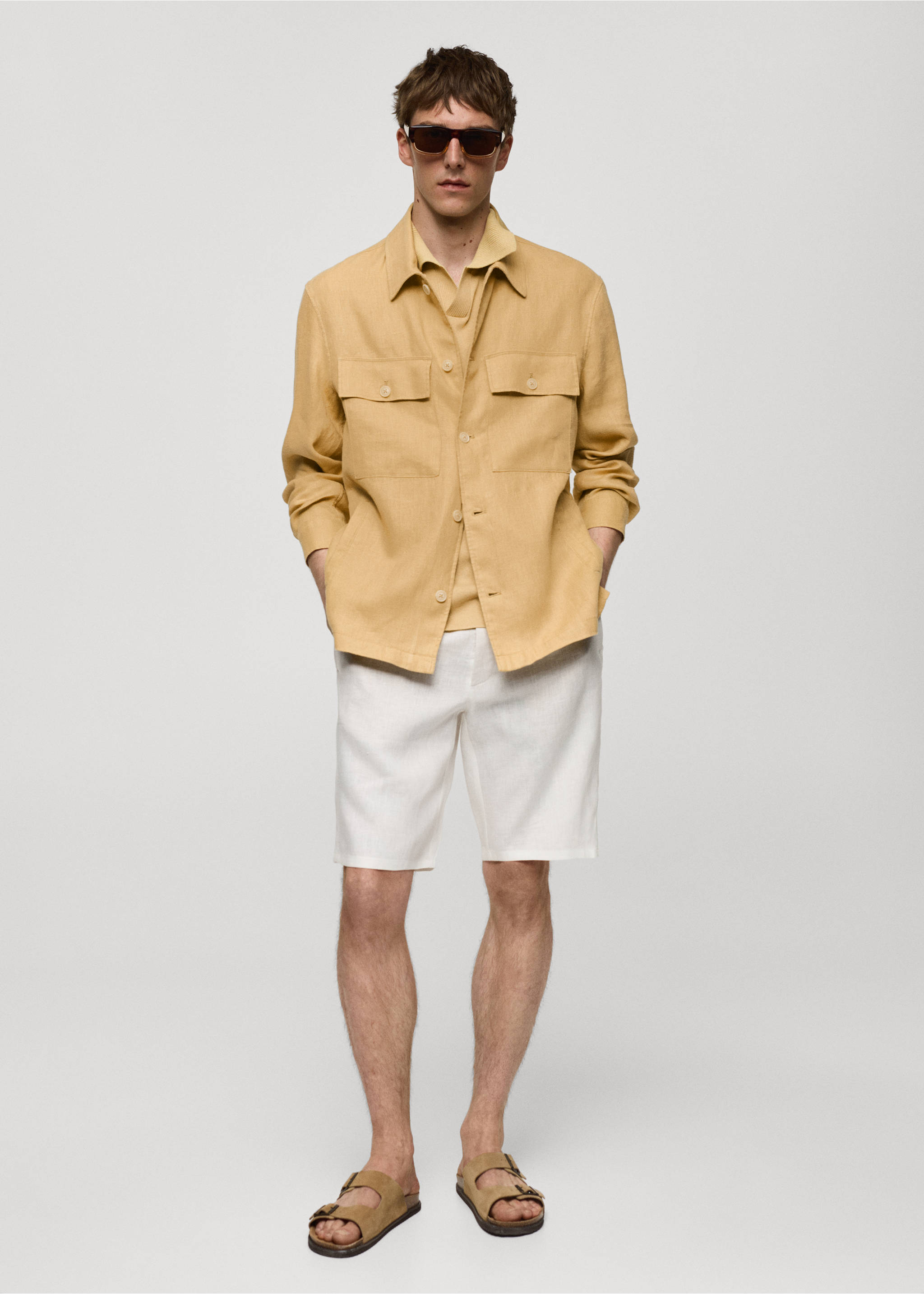 Sobrecamisa 100% lino bolsillos - Plano general, Amarillo pastel. Ref: 77010568-00.