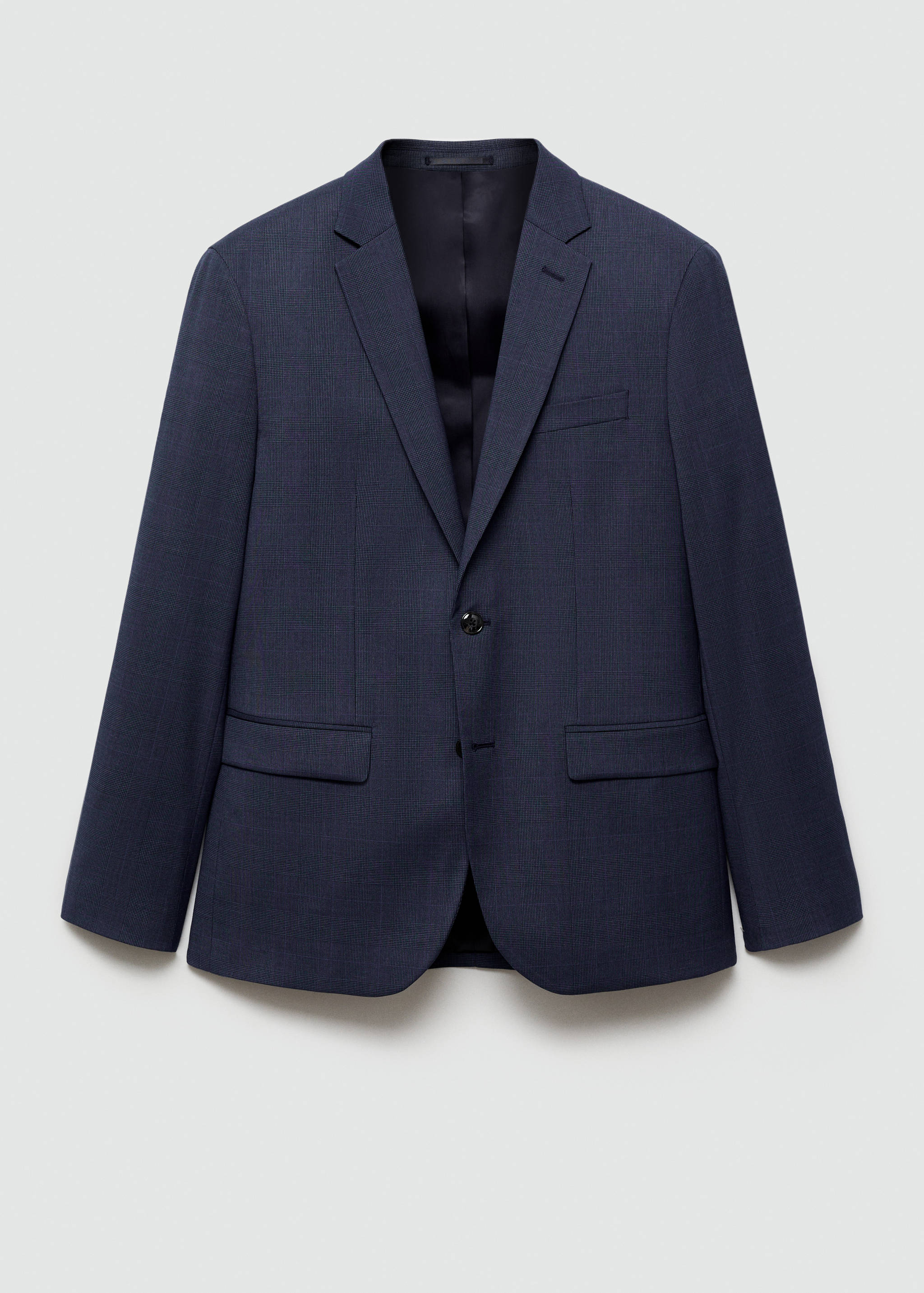 Dark navy blue men's single-breasted tailored blazer with notch lapels.